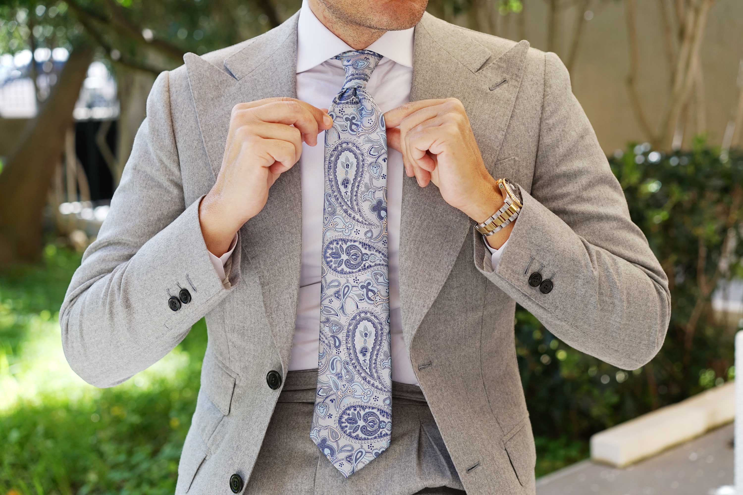 Paisley Silver Tie with Light Blue