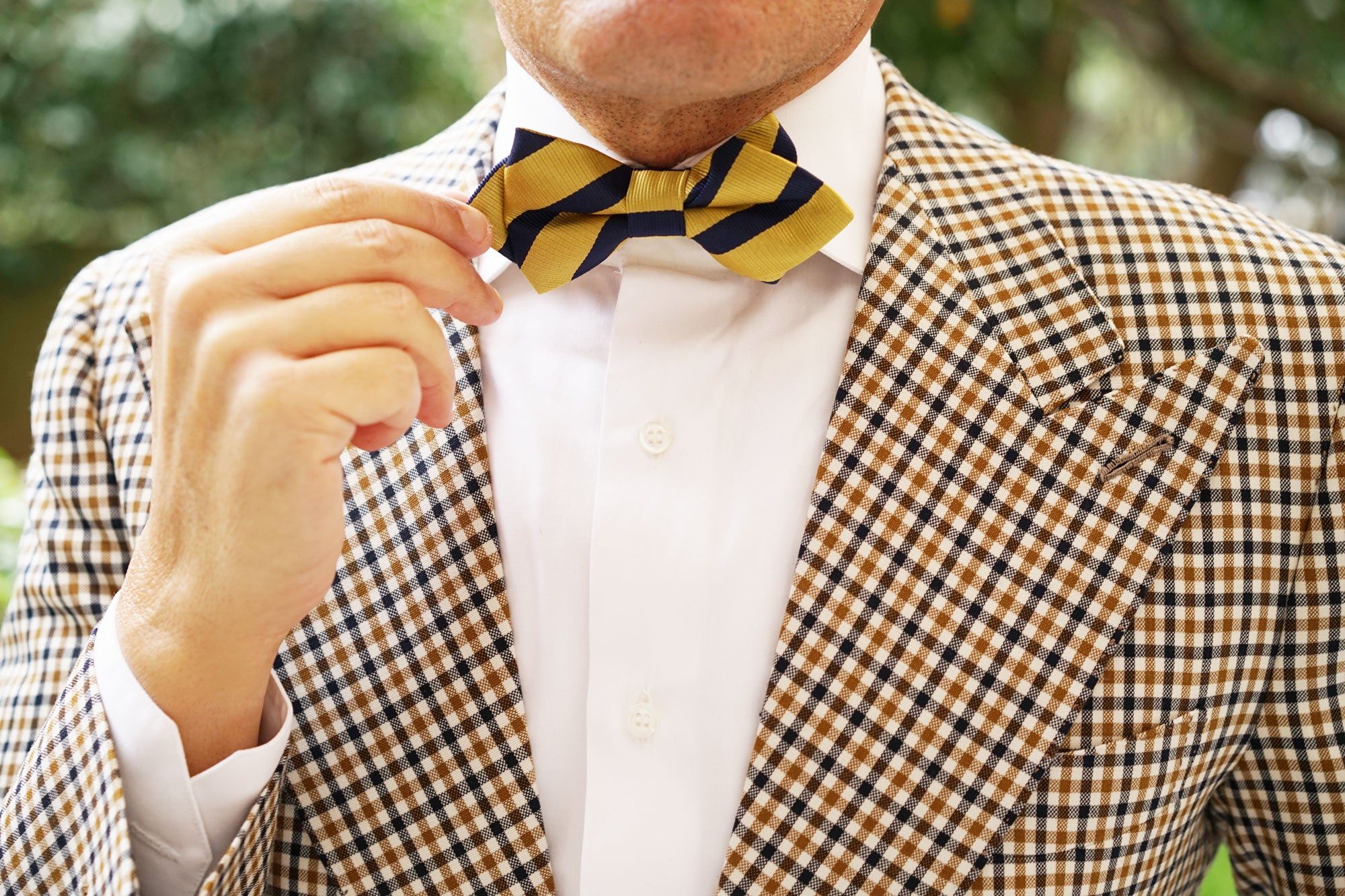 Navy Stripe Yellow Twill Diamond Bow Tie