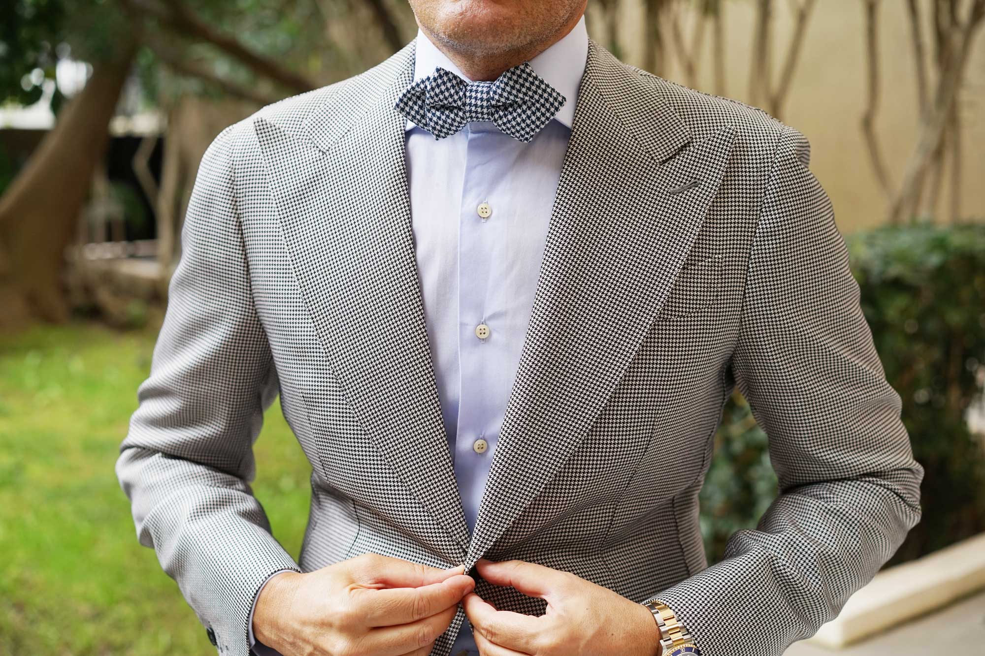 Blue Houndstooth Raw Linen Diamond Bow Tie