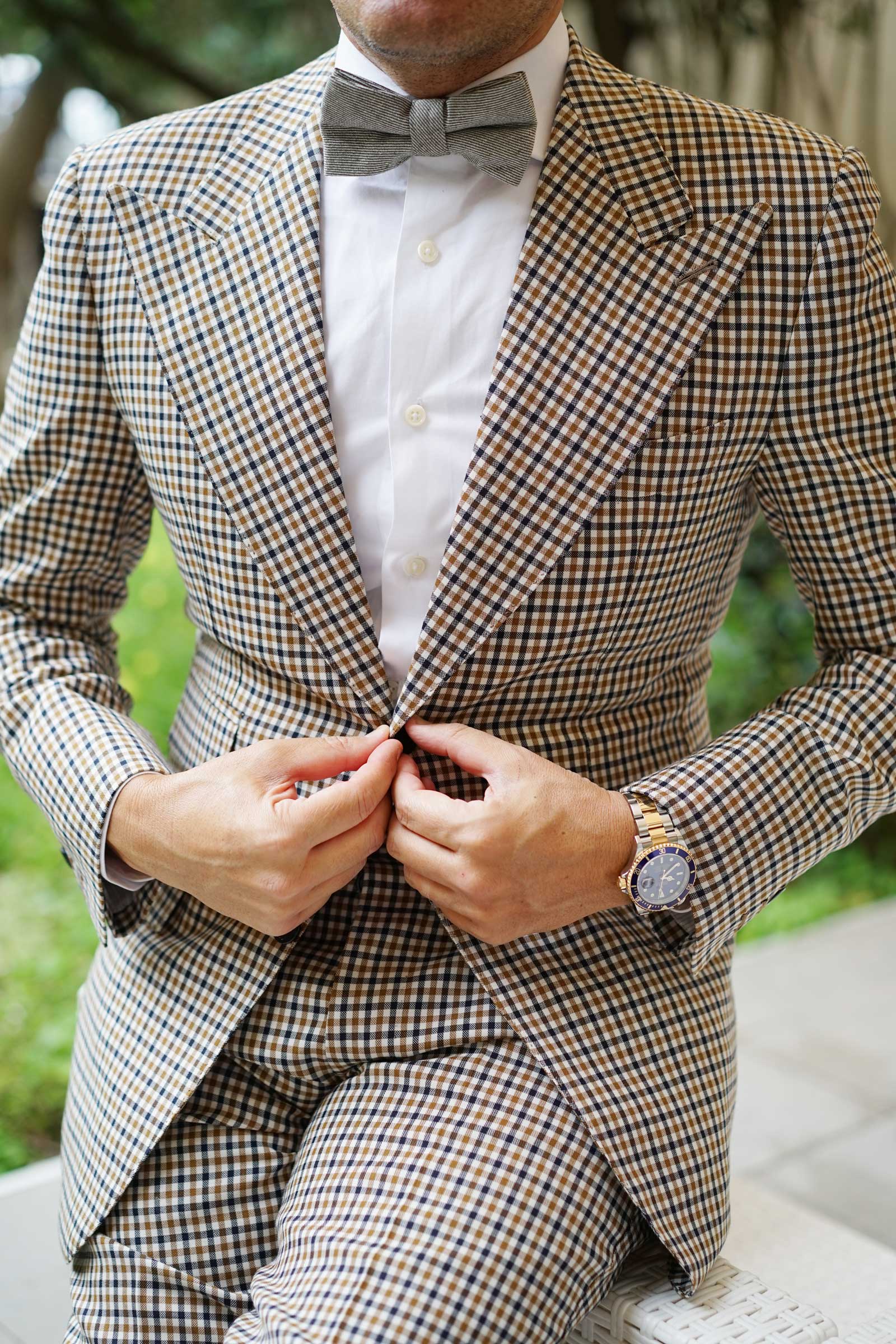 Green & White Twill Stripe Linen Bow Tie