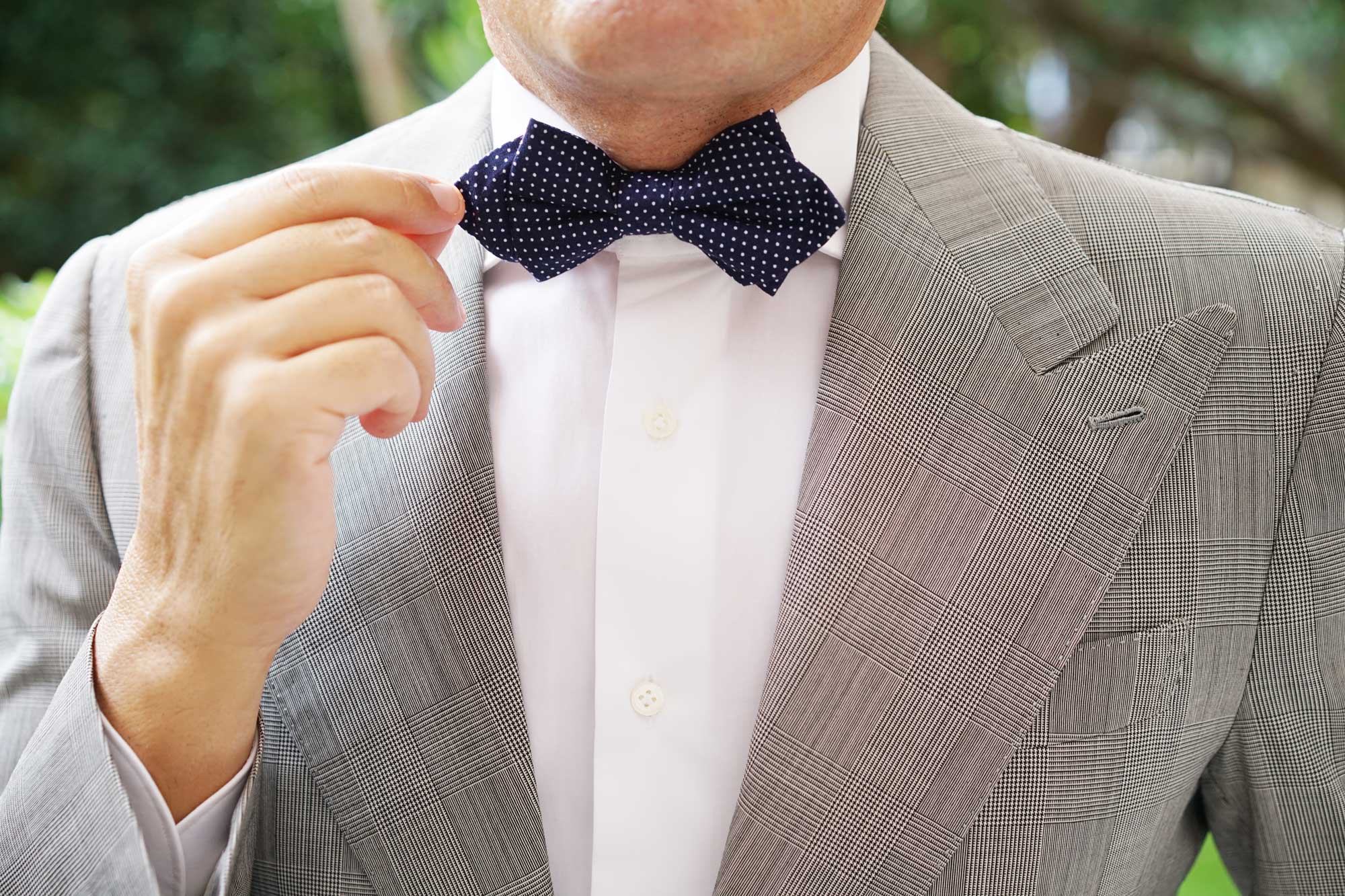 Navy Blue Cotton with White Mini Polka Dots Diamond Bow Tie