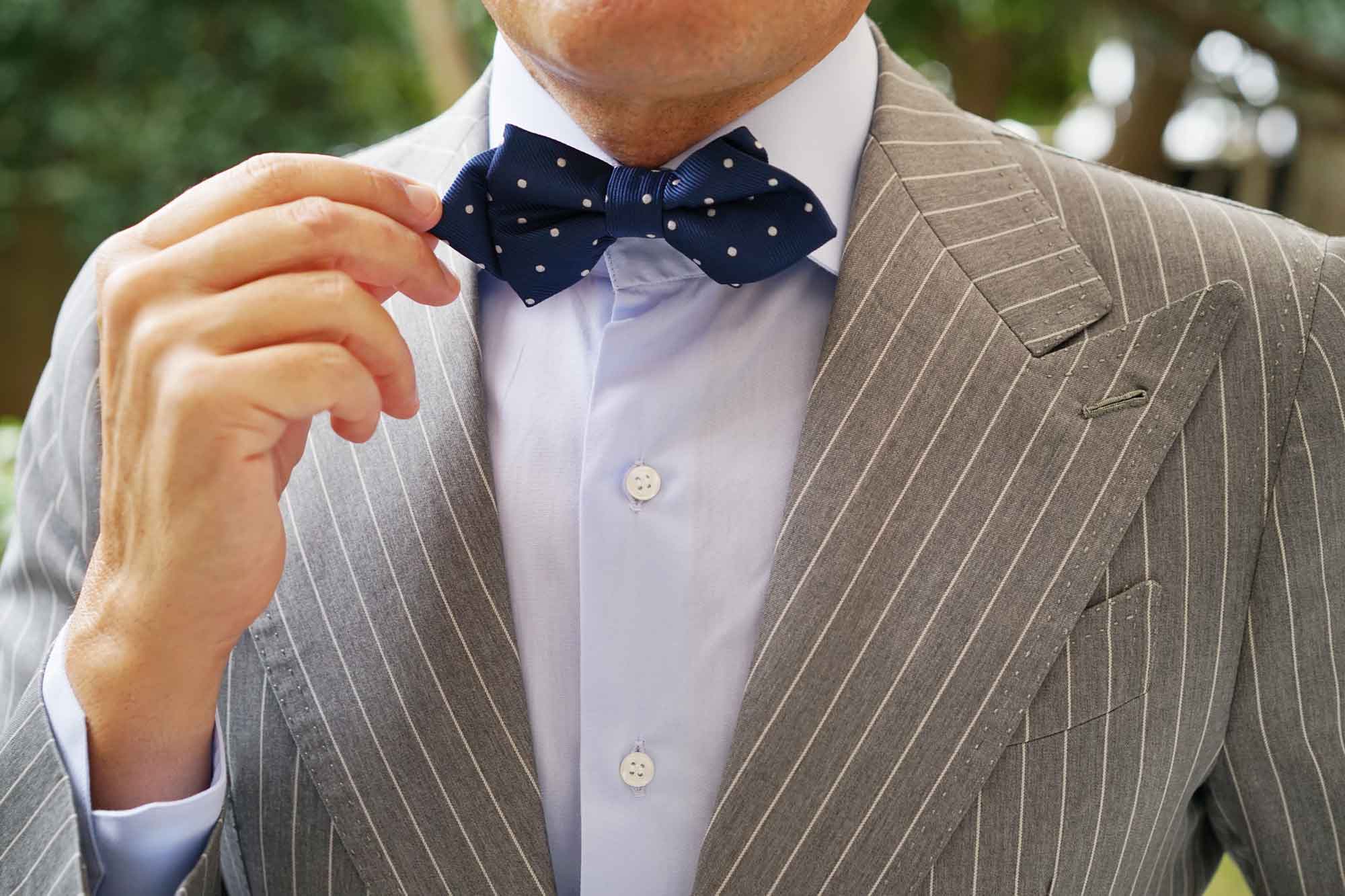 The OTAA Navy Blue with White Polka Dots Diamond Bow Tie