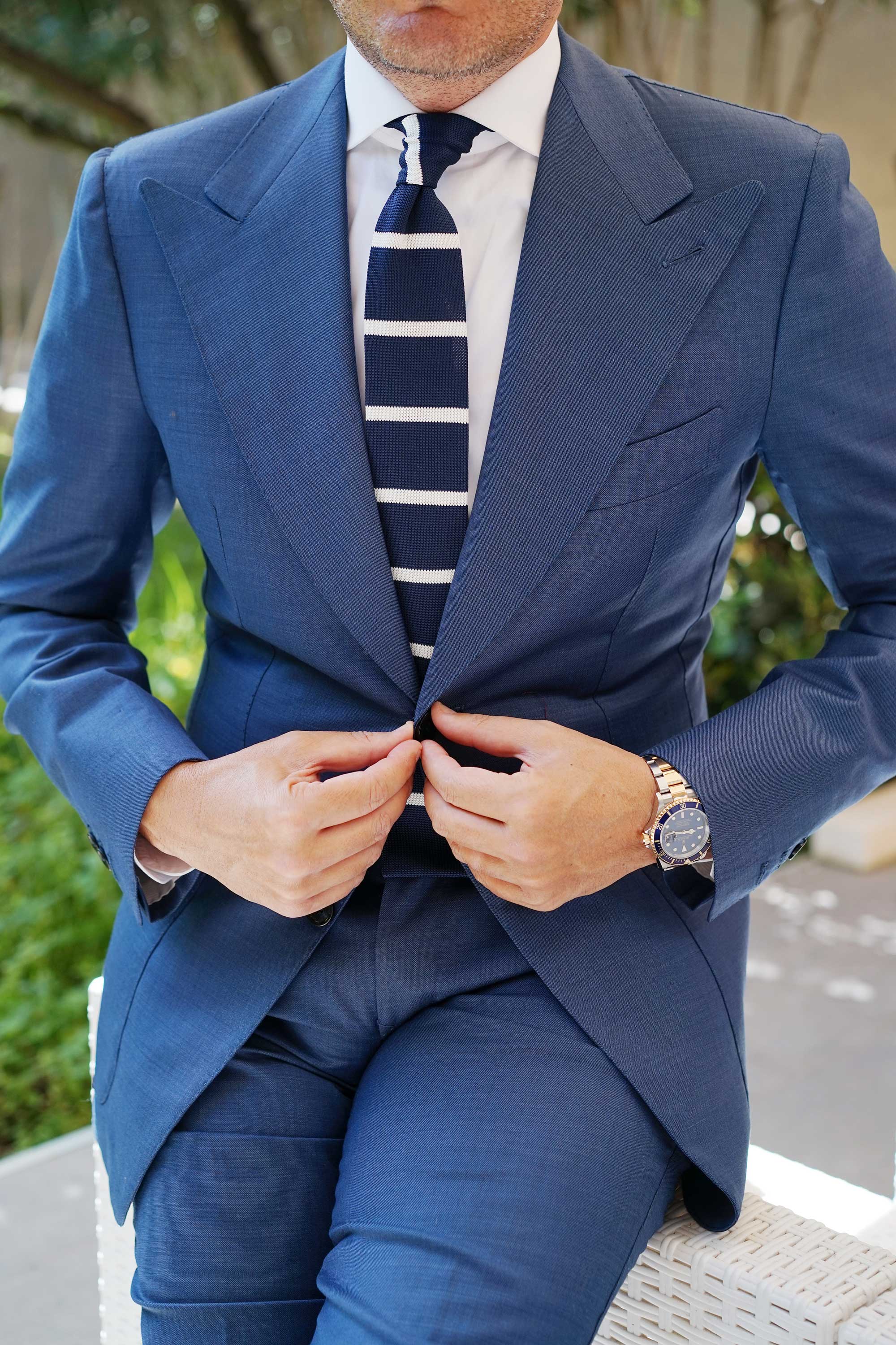 Winston Wolfe Navy Blue Striped Knitted Tie