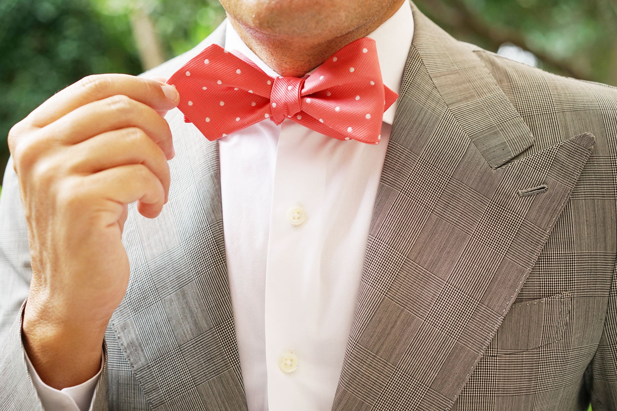 Coral Pink with White Polka Dots Self Tie Diamond Tip Bow Tie