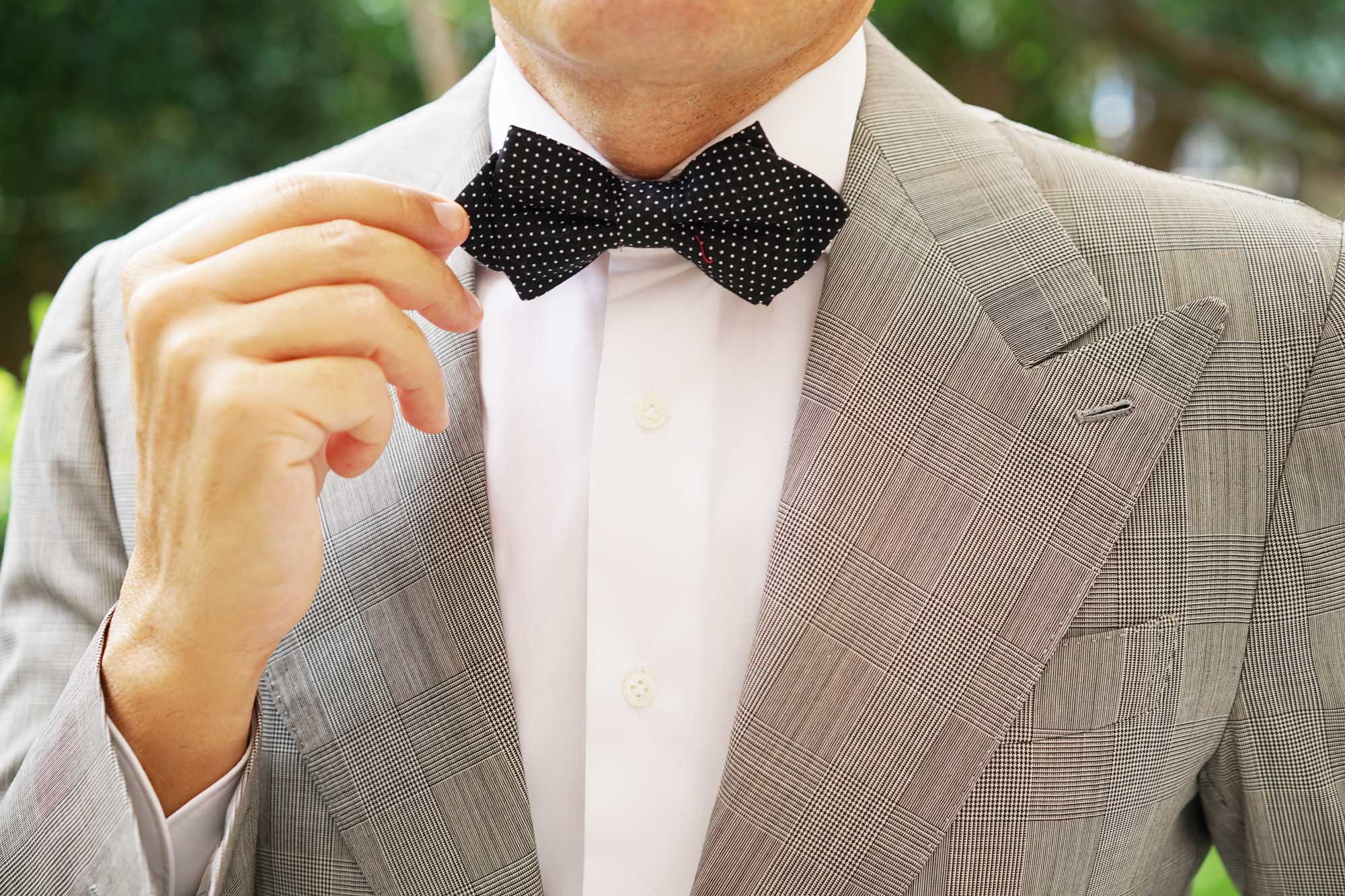 Black Cotton with White Mini Polka Dots Diamond Bow Tie