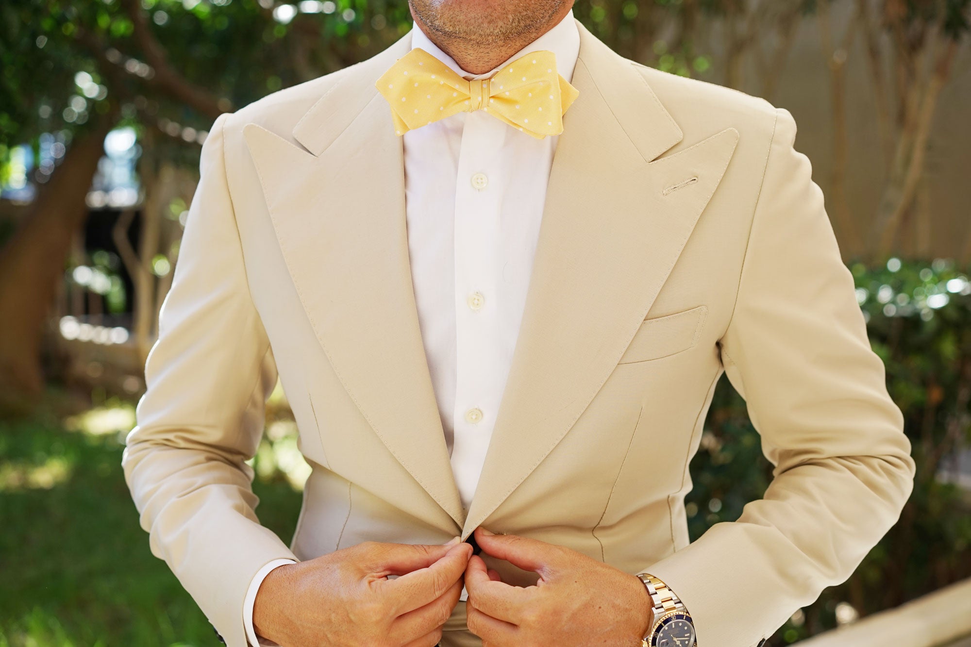 Yellow with White Polka Dots Self Tie Diamond Tip Bow Tie