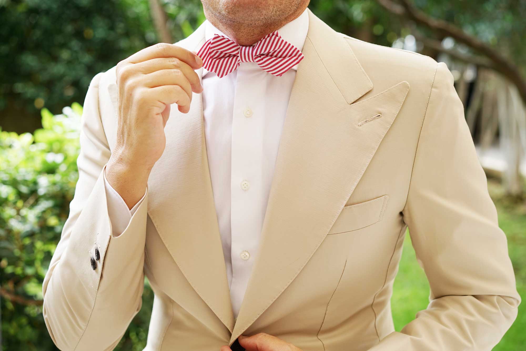 Red and White Chalk Stripe Cotton Diamond Bow Tie