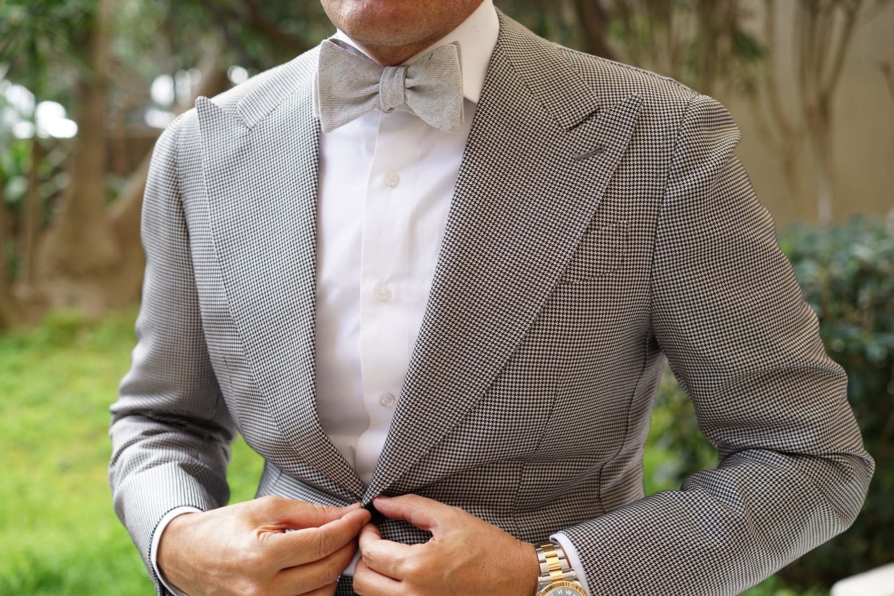 Light Grey Twill Stripe Linen Self Tie Bow Tie