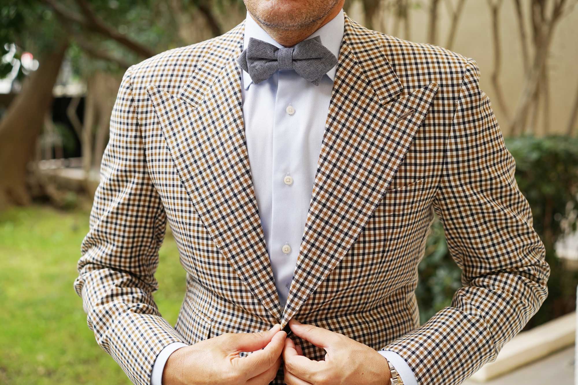 Navy Blue Zig Zag Linen Diamond Bow Tie