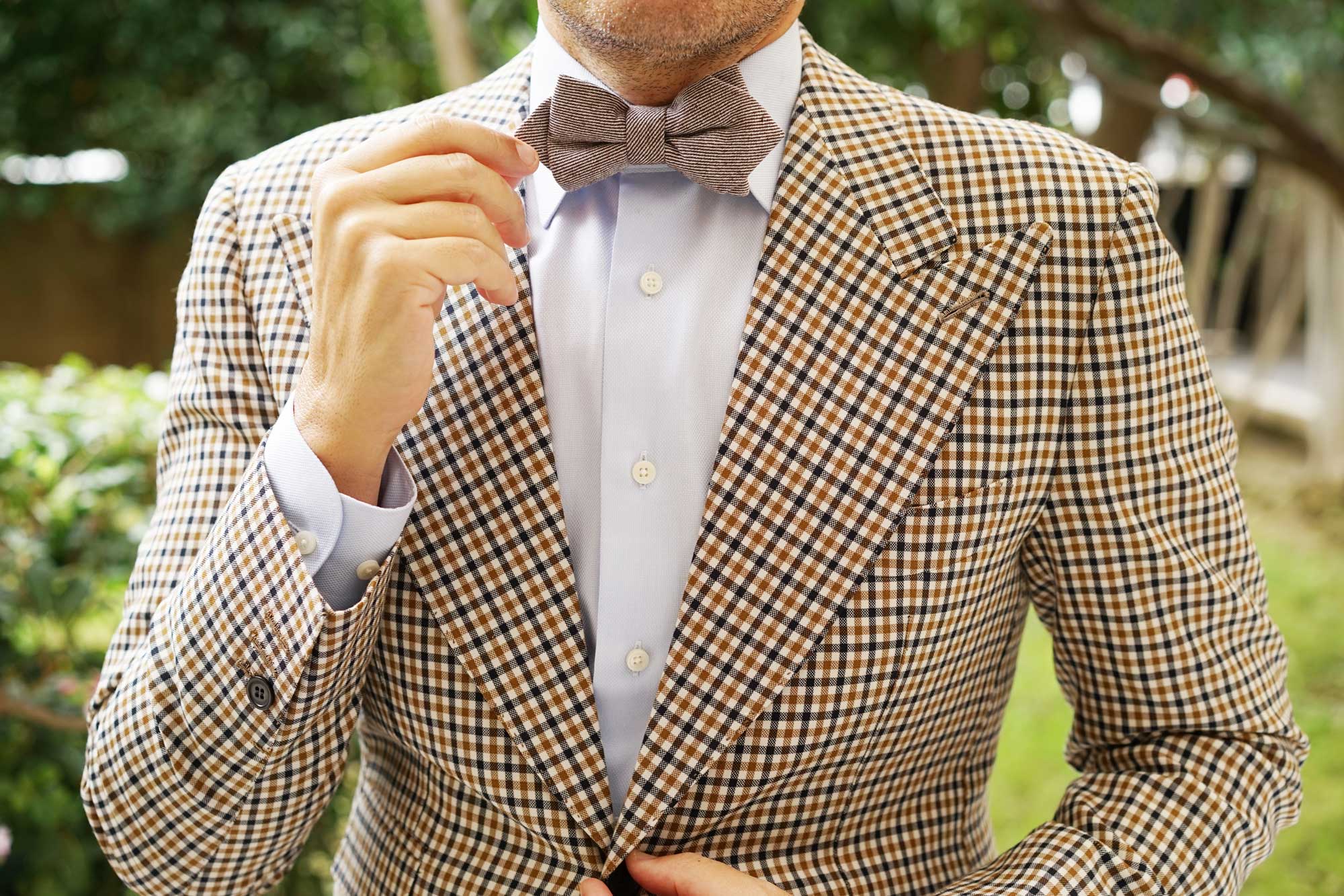 Brown & White Twill Stripe Linen Diamond Bow Tie