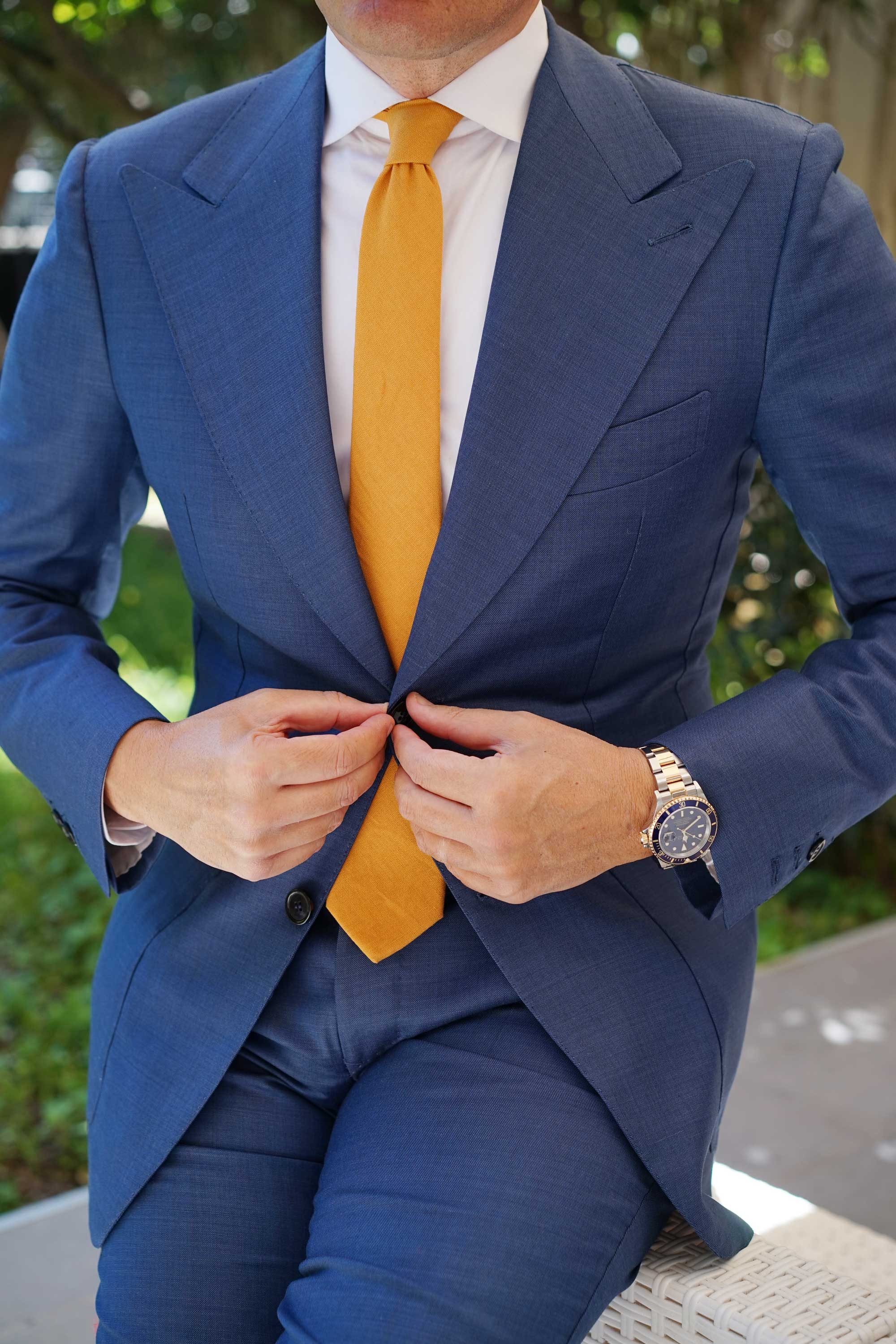 Mustard Yellow Slub Linen Skinny Tie