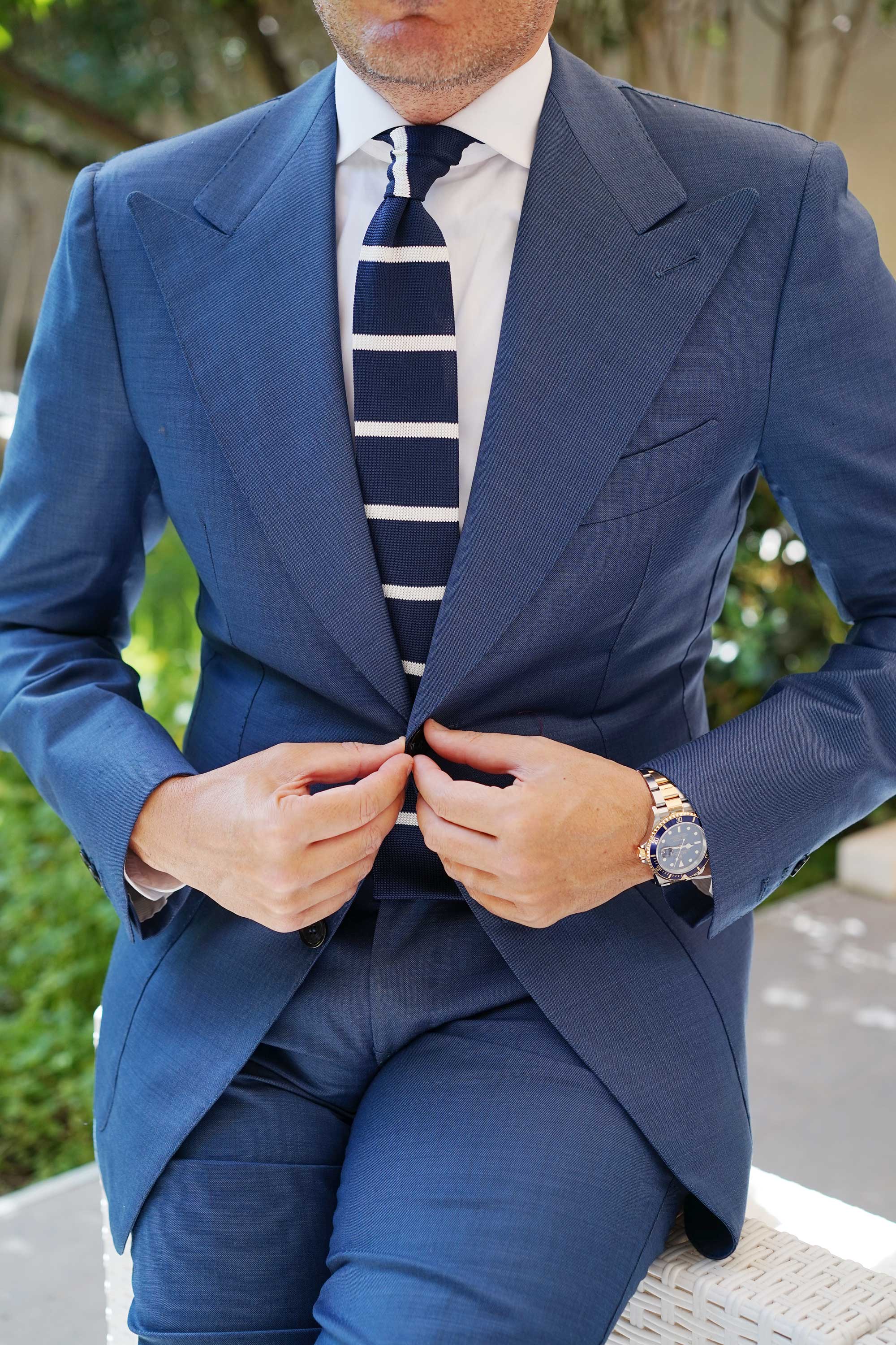 Winston Wolfe Navy Blue Striped Knitted Tie