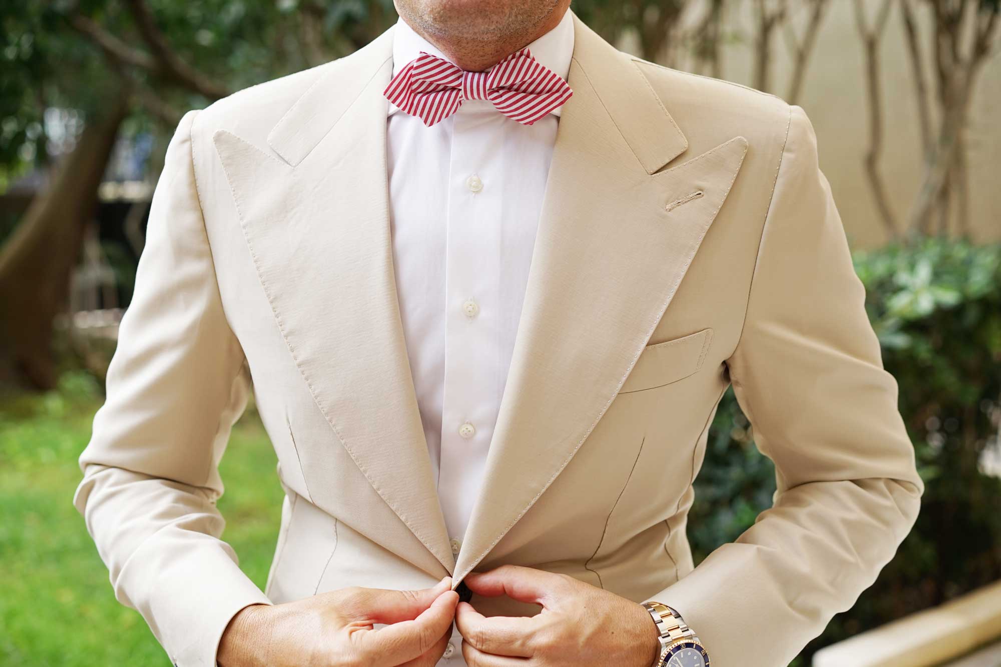 Red and White Chalk Stripe Cotton Diamond Bow Tie