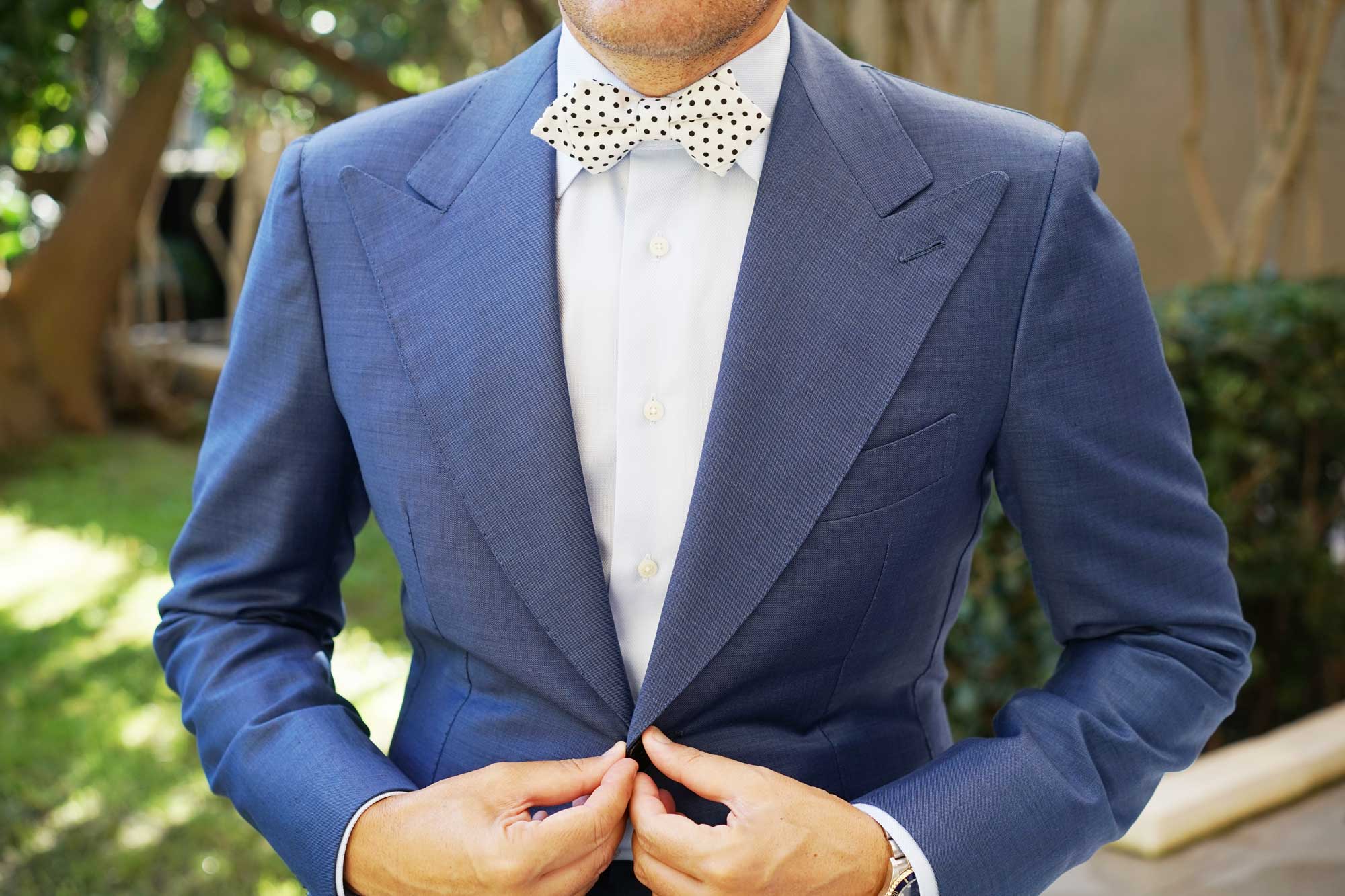 White with Black Polkadot Cotton Diamond Bow Tie