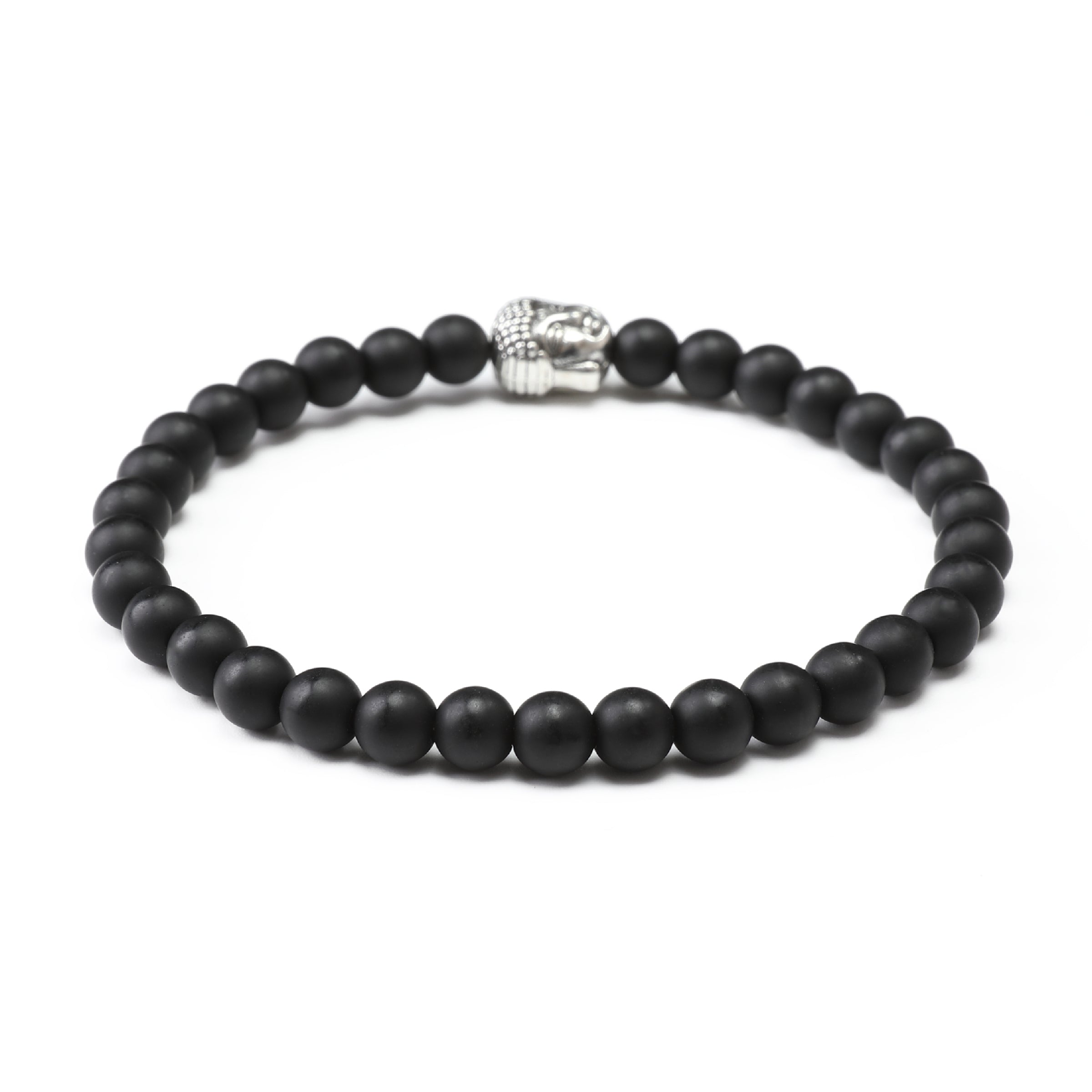 Onyx Matte Stones with Mini Silver Buddha Bracelet