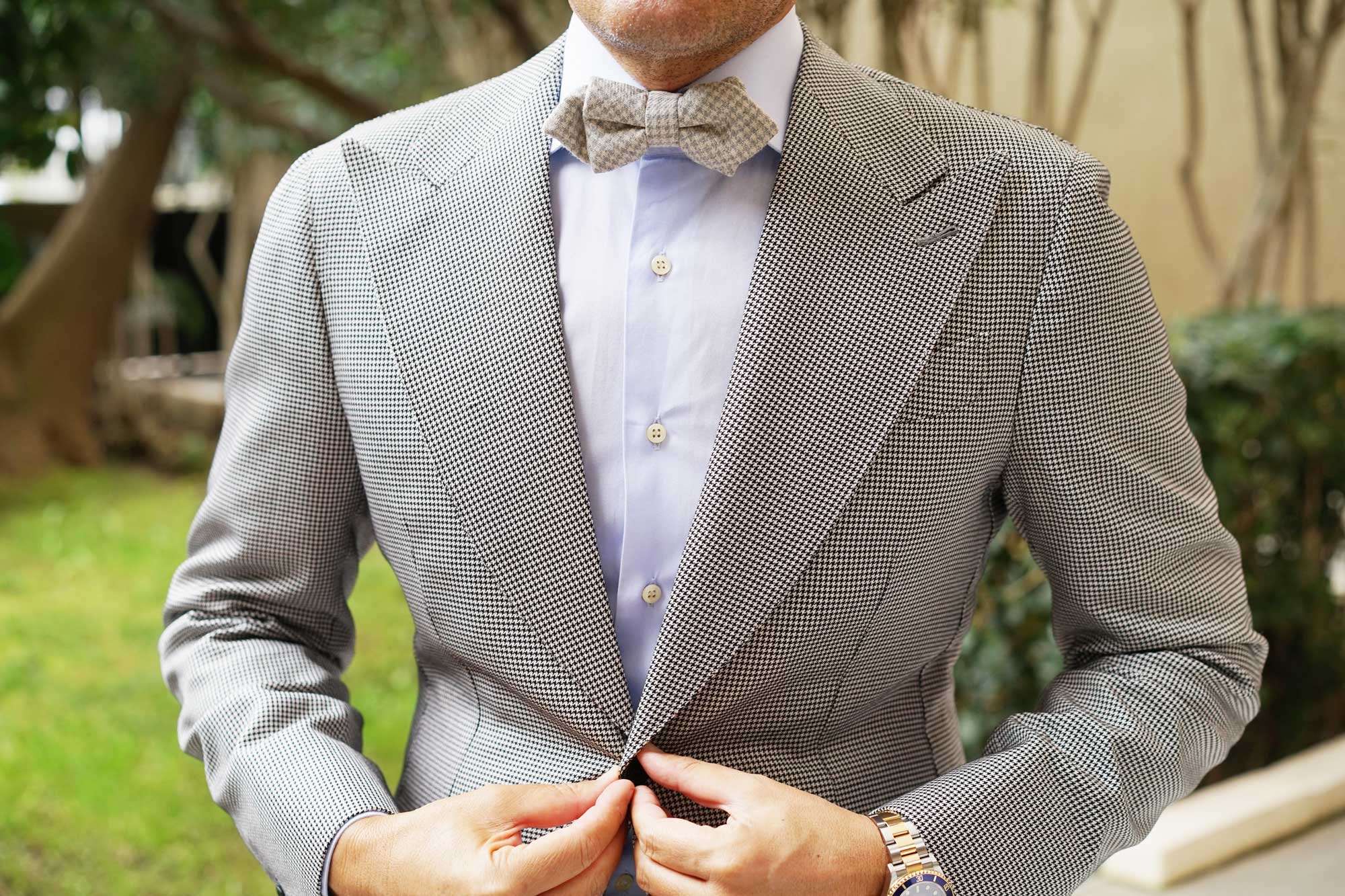 Gray Houndstooth Khaki Linen Diamond Bow Tie