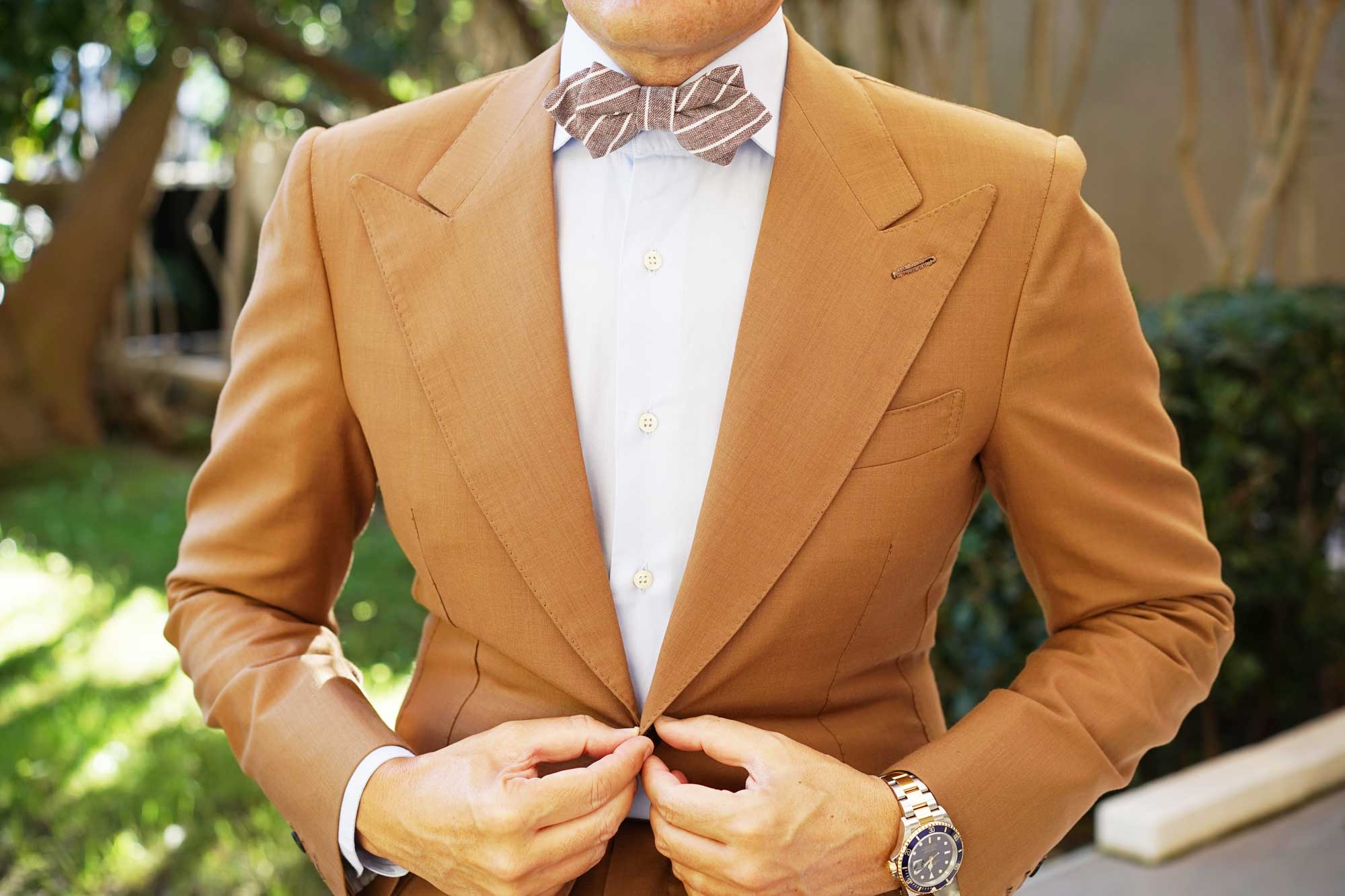 Mocha Brown Pinstripe Linen Diamond Bow Tie