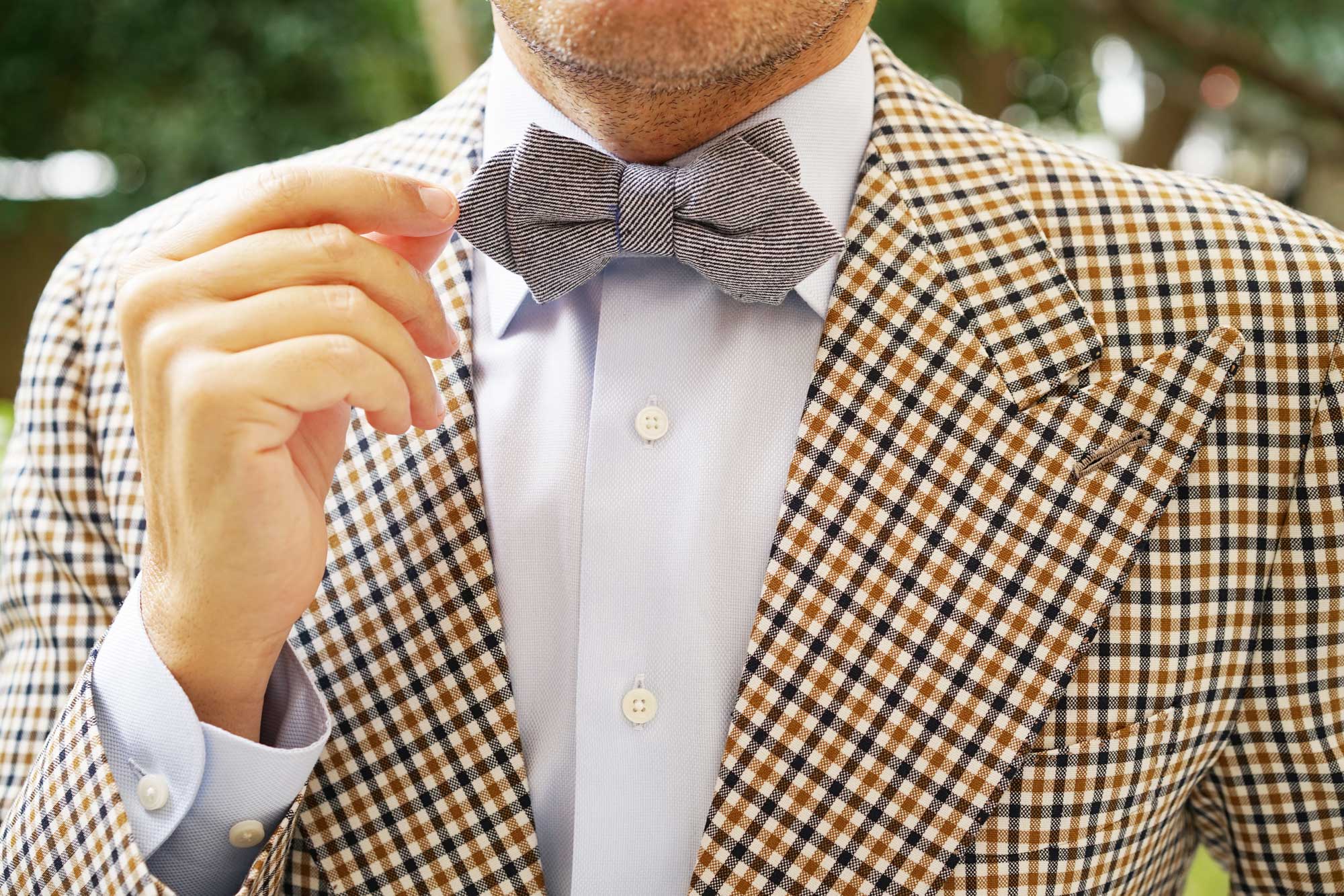 Navy Blue & White Twill Stripe Linen Diamond Bow Tie