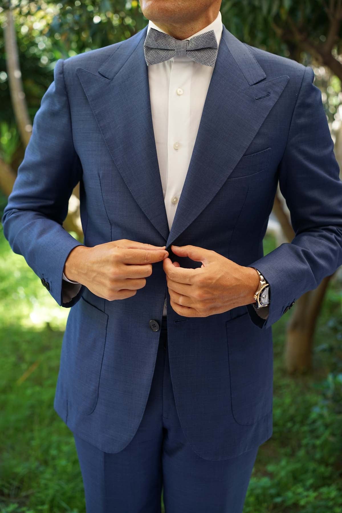 Navy Blue Houndstooth Linen Bow Tie