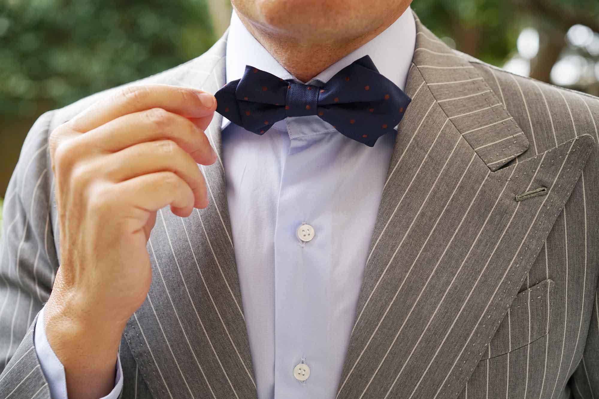 Navy Blue with Brown Polka Dots Diamond Bow Tie