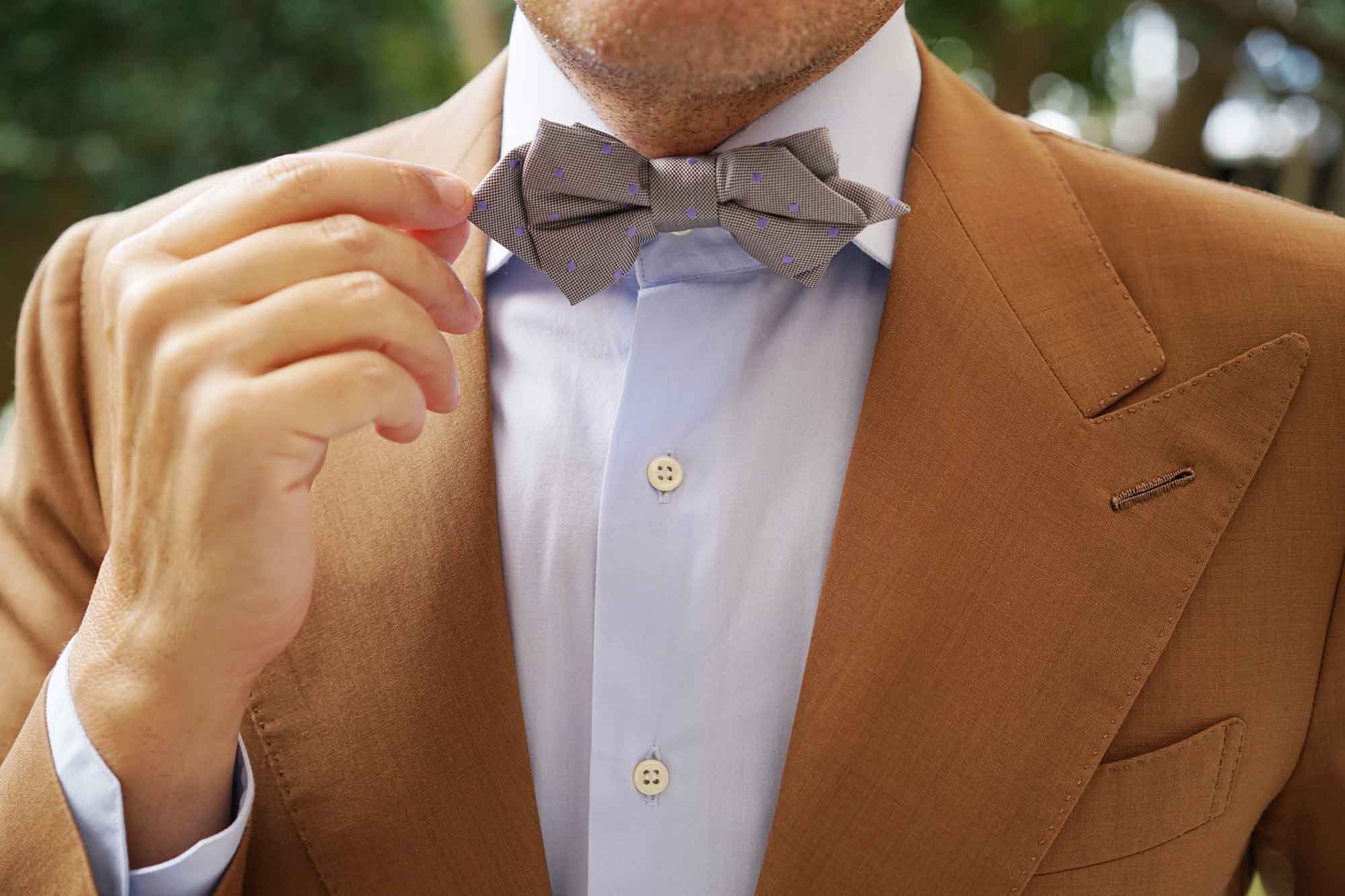 Grey with Lavender Purple Polka Dots Diamond Bow Tie