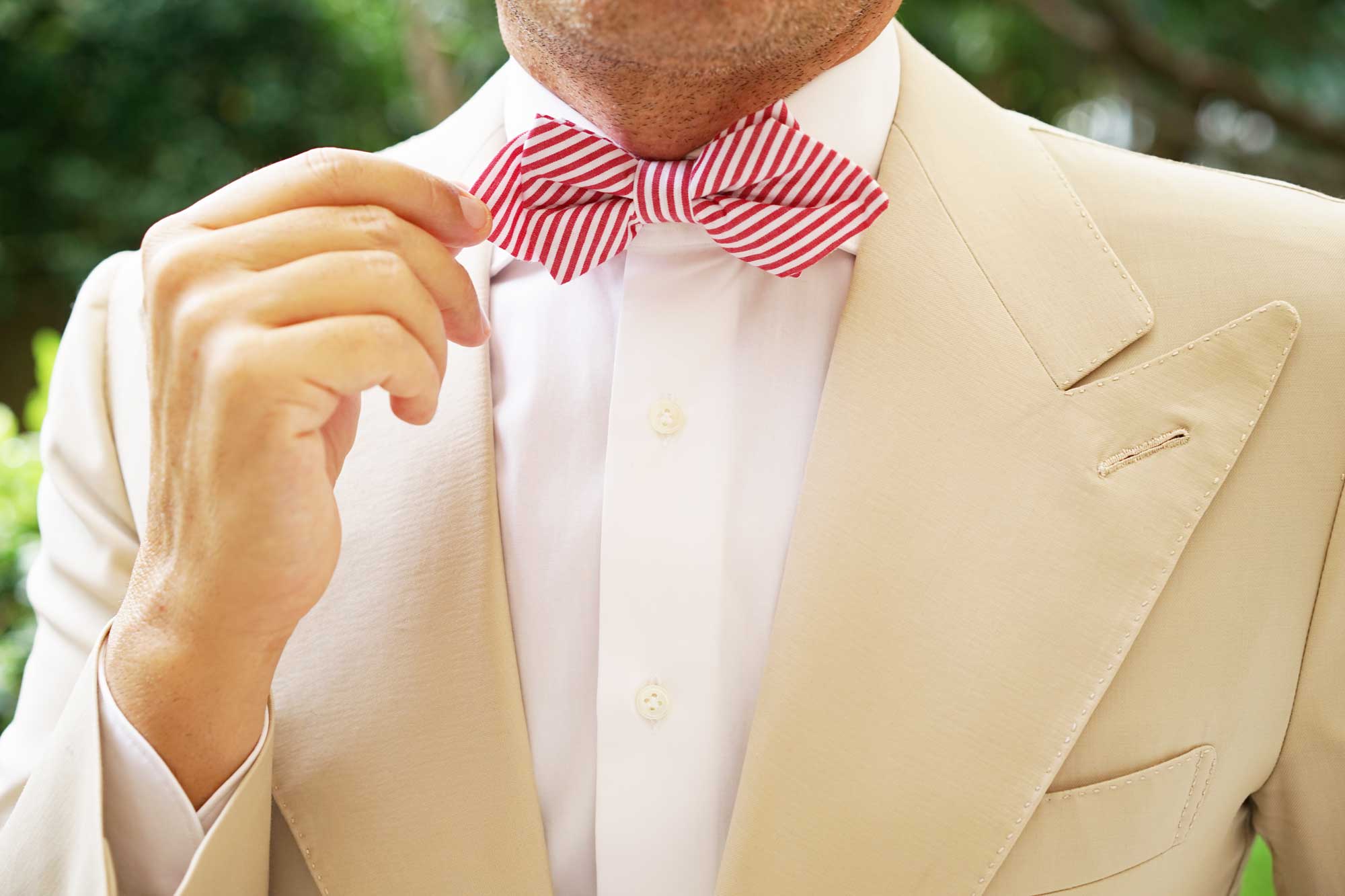 Red and White Chalk Stripe Cotton Diamond Bow Tie