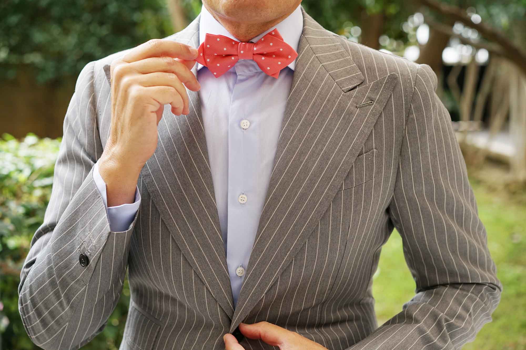 Coral Pink with White Polka Dots Diamond Bow Tie