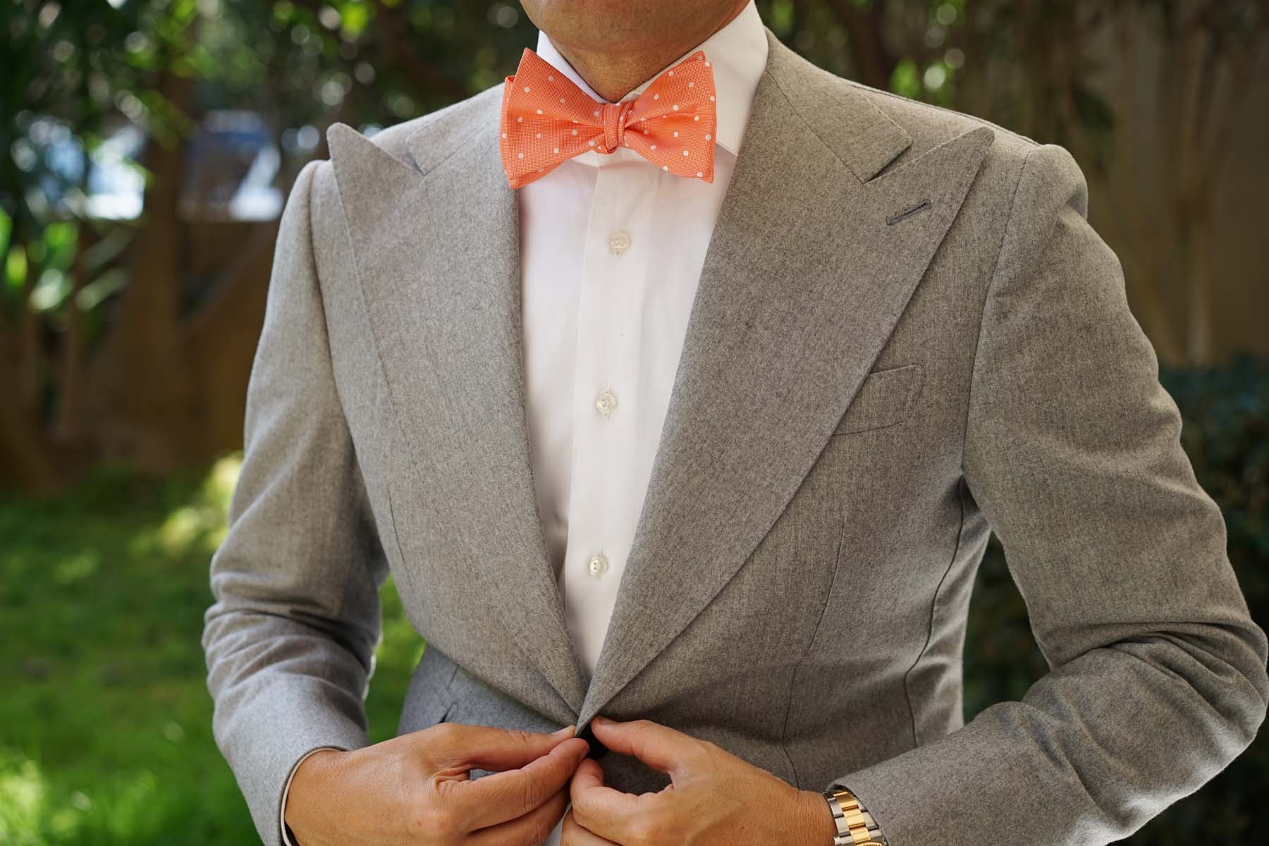 Coral Orange with White Polka Dots Self Tie Bow Tie