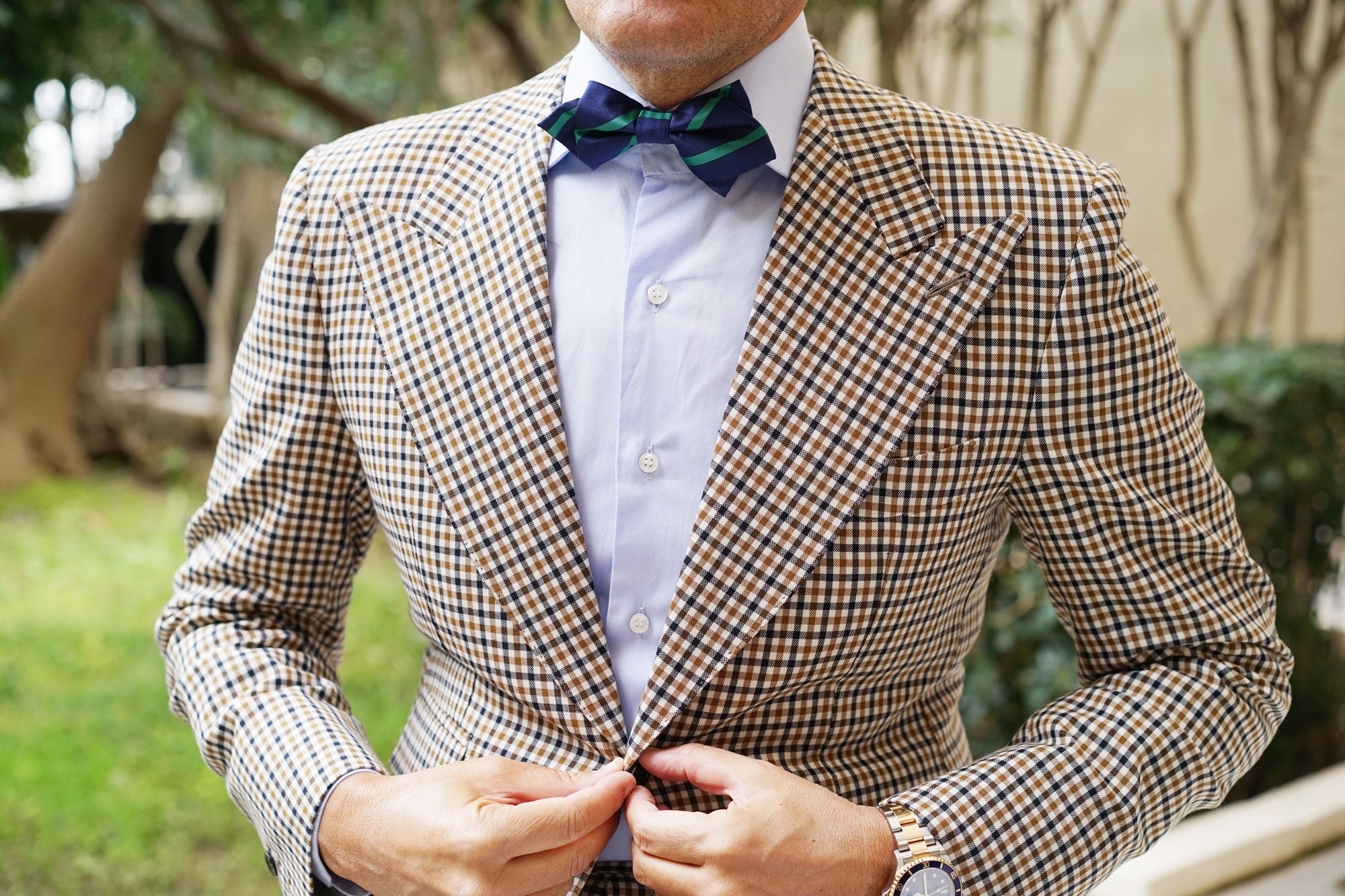 Navy Blue with Green Stripe Diamond Bow Tie