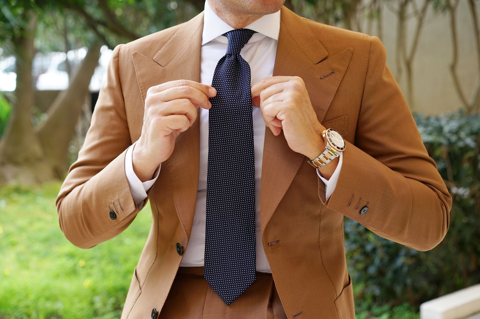 Navy Blue Cotton with White Mini Polka Dots Necktie