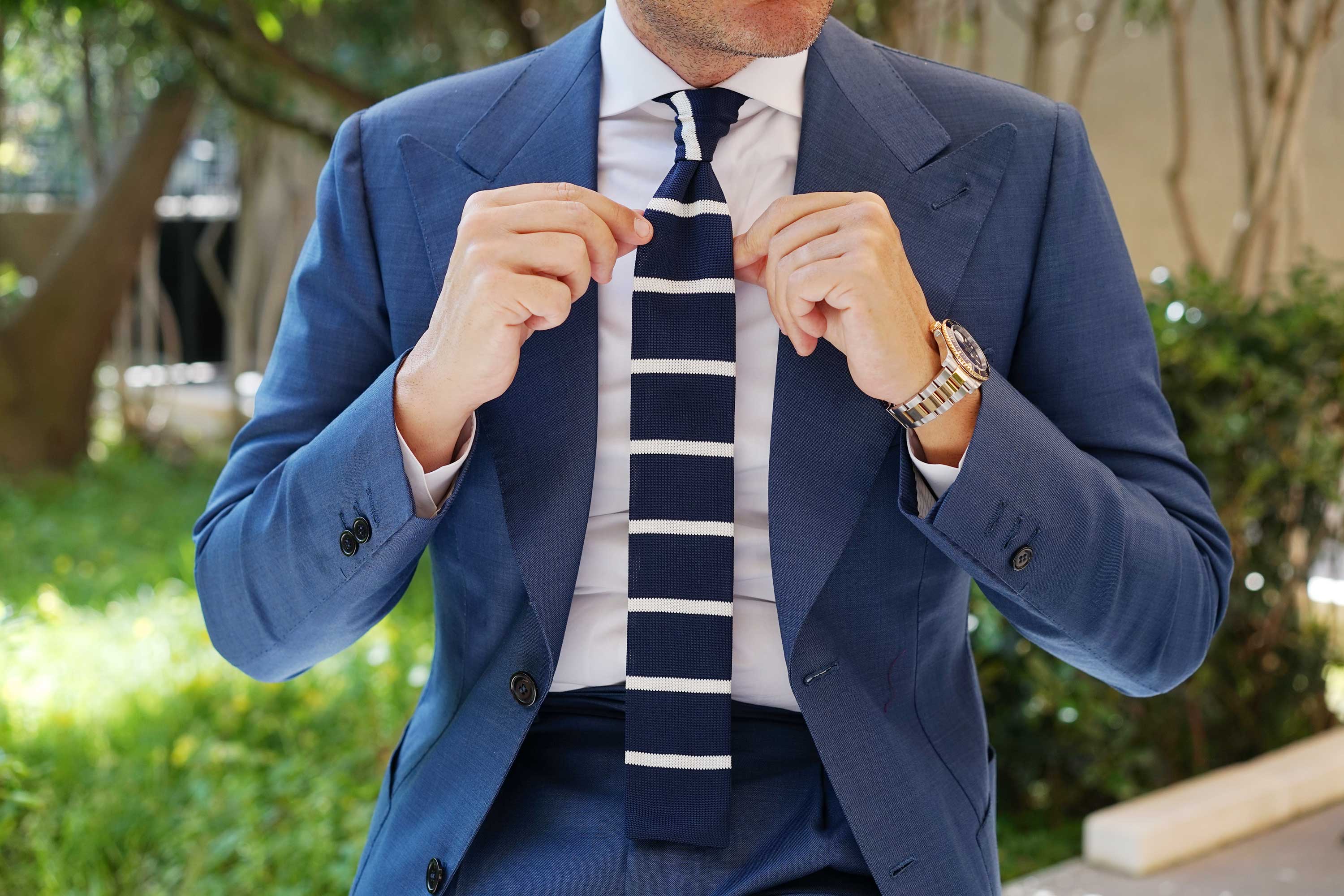 Winston Wolfe Navy Blue Striped Knitted Tie