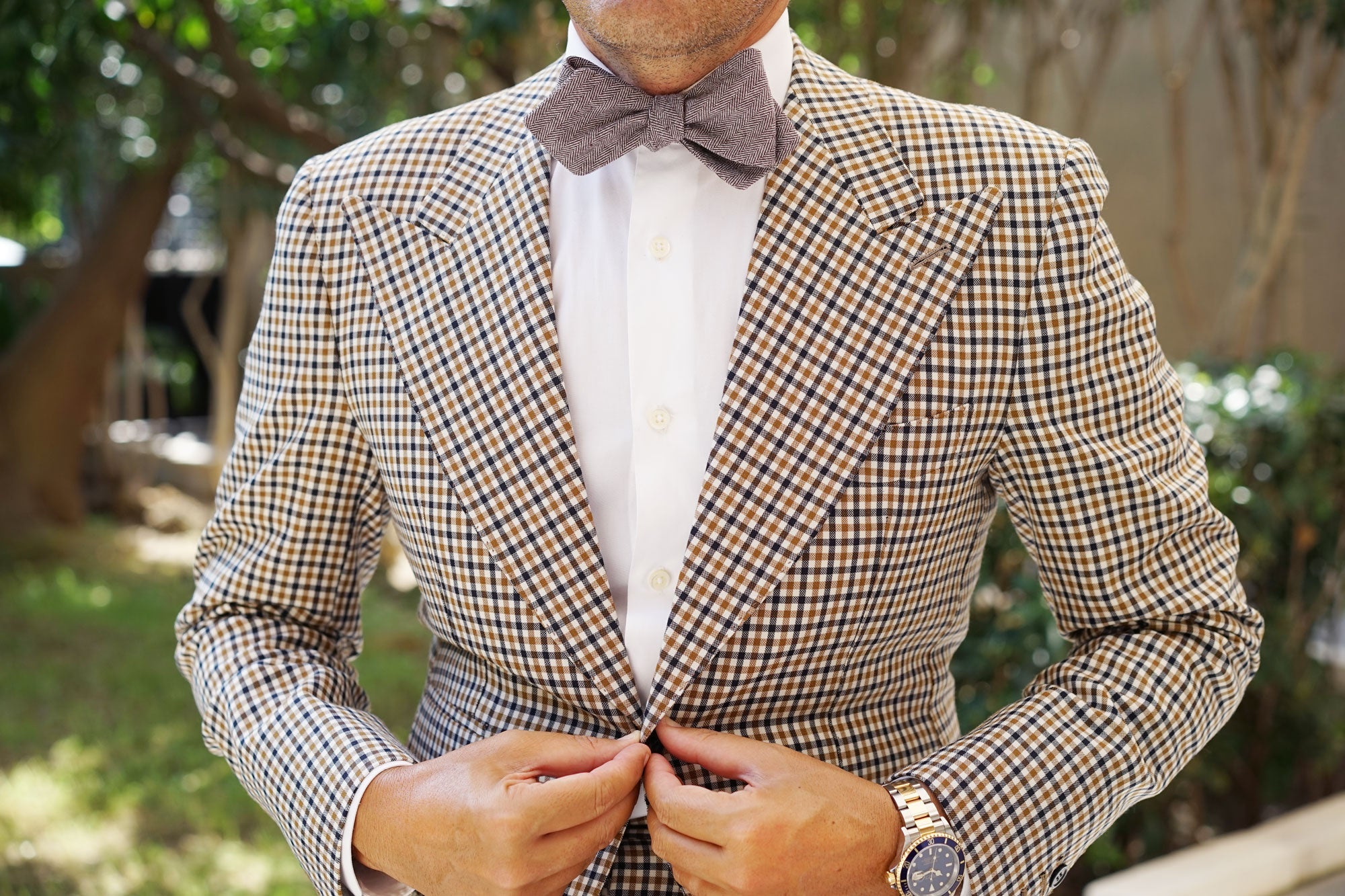 Brown Herringbone Linen Self Tie Diamond Tip Bow Tie