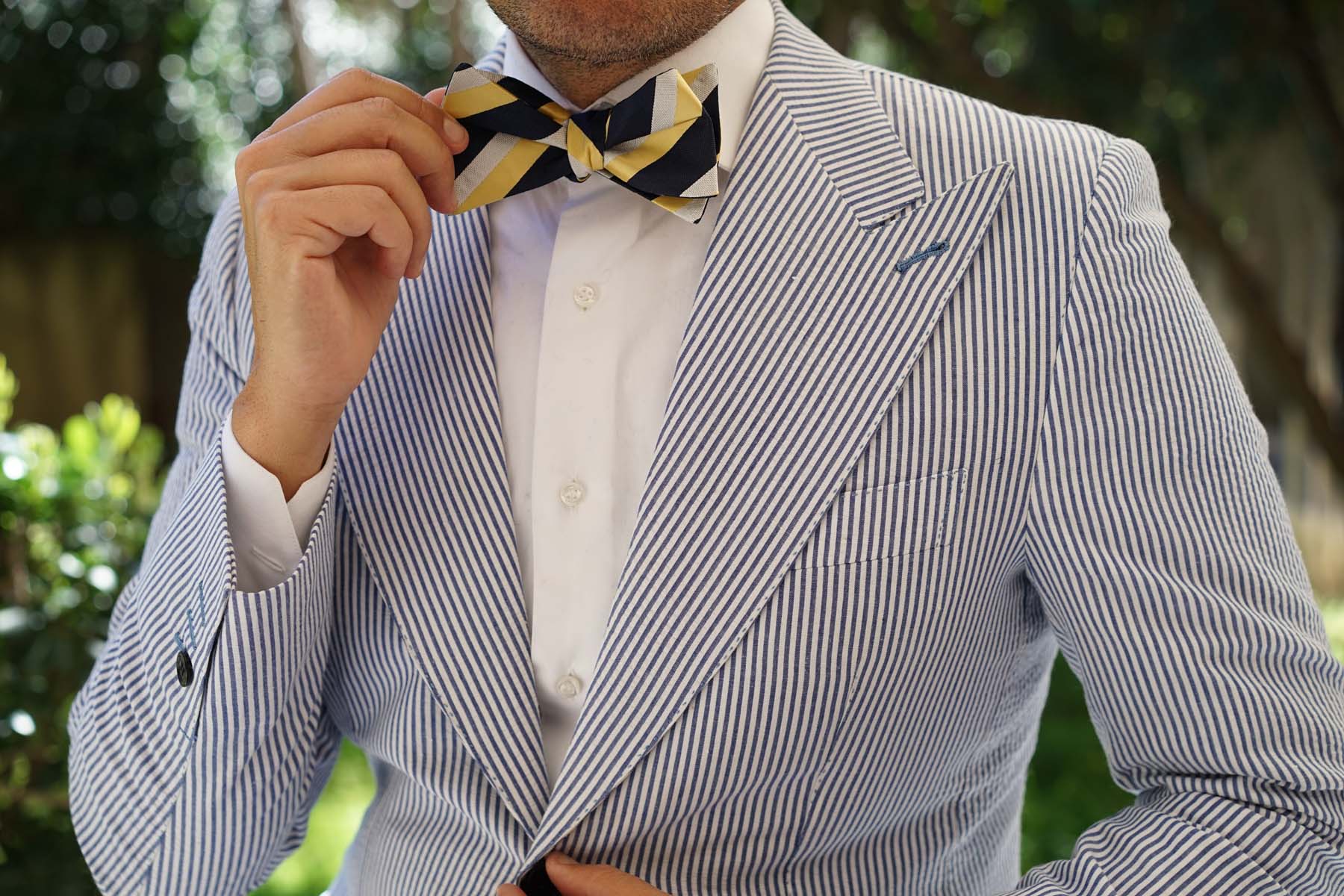 Navy Blue & Yellow Stripe Self Tie Bow Tie