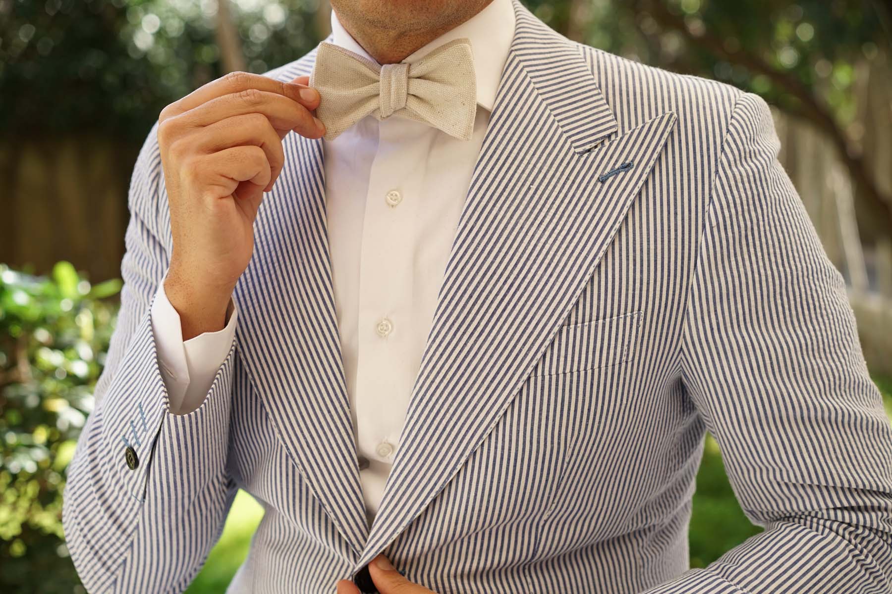 Dry Khaki White Linen Self Bow Tie