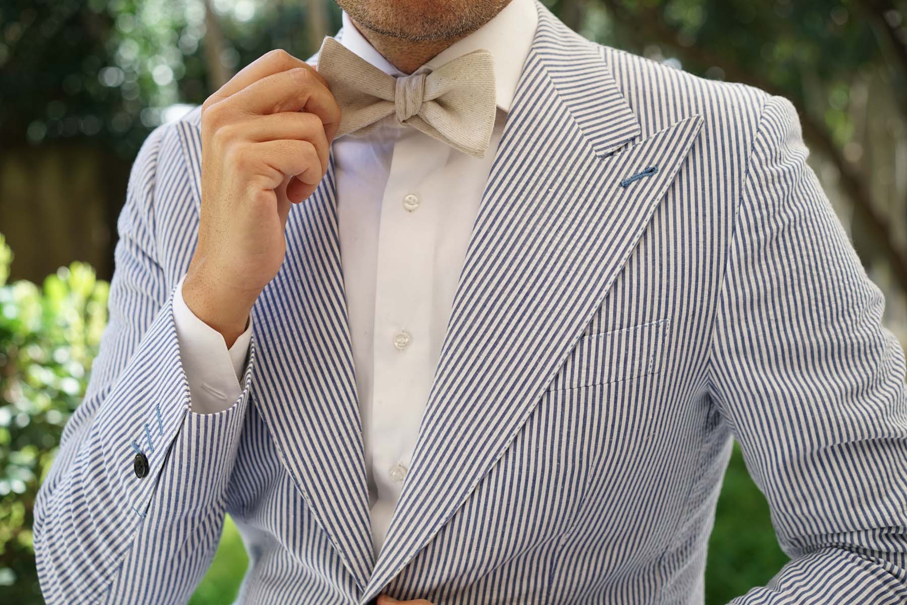 Khaki Twill Stripe Linen Self Tie Bow Tie