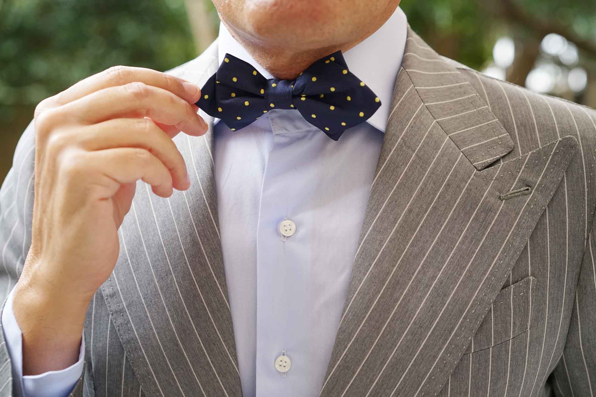 Navy Blue with Yellow Polka Dots Diamond Bow Tie