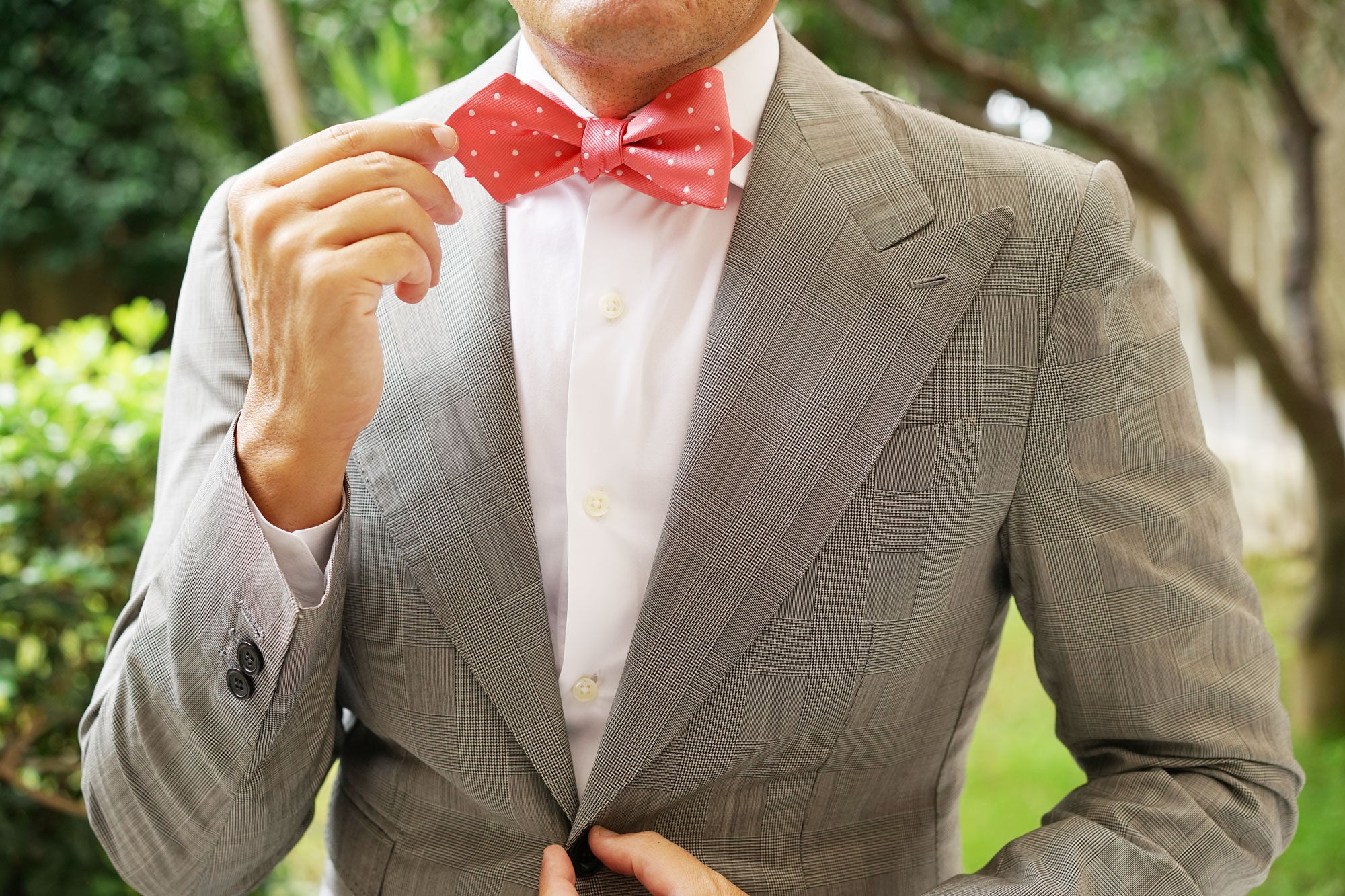 Coral Pink with White Polka Dots Self Tie Diamond Tip Bow Tie