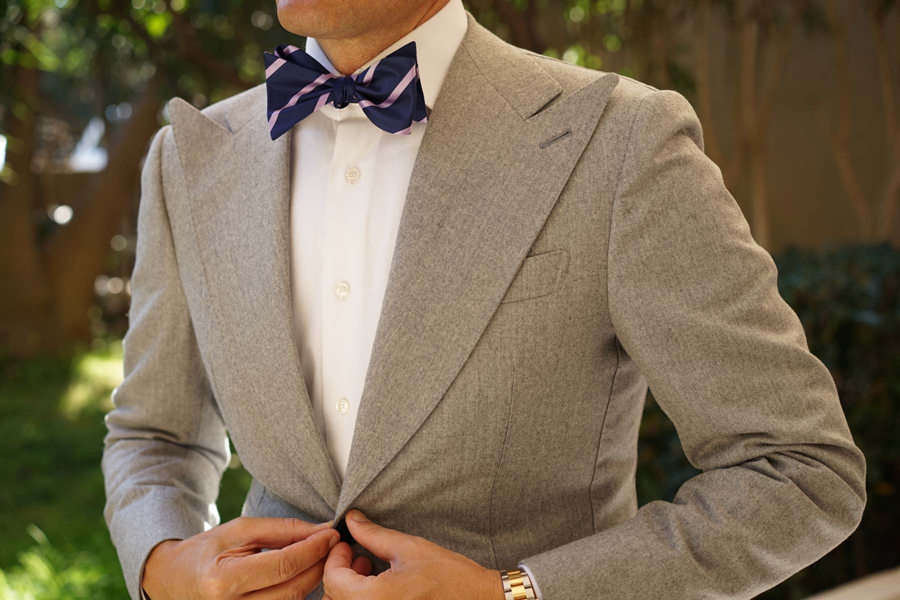 Navy Blue with Lavender Purple Stripes Self Tie Bow Tie