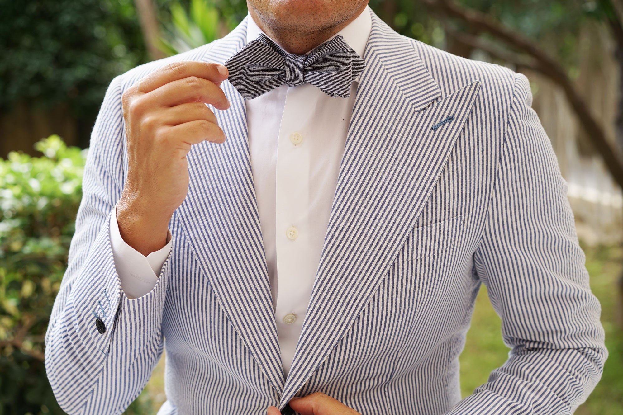 Navy Blue & White Twill Stripe Linen Self Tie Diamond Tip Bow Tie