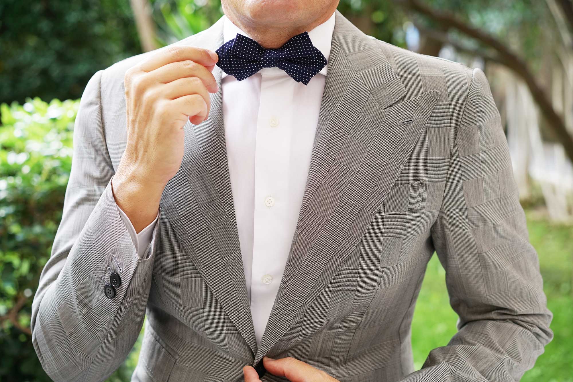 Navy Blue Cotton with White Mini Polka Dots Diamond Bow Tie