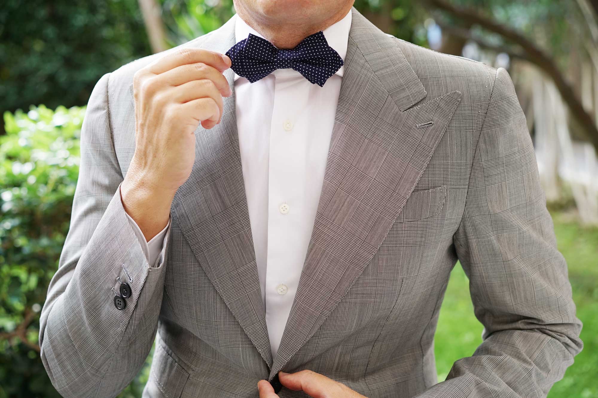 Navy Blue Cotton with White Mini Polka Dots Diamond Bow Tie