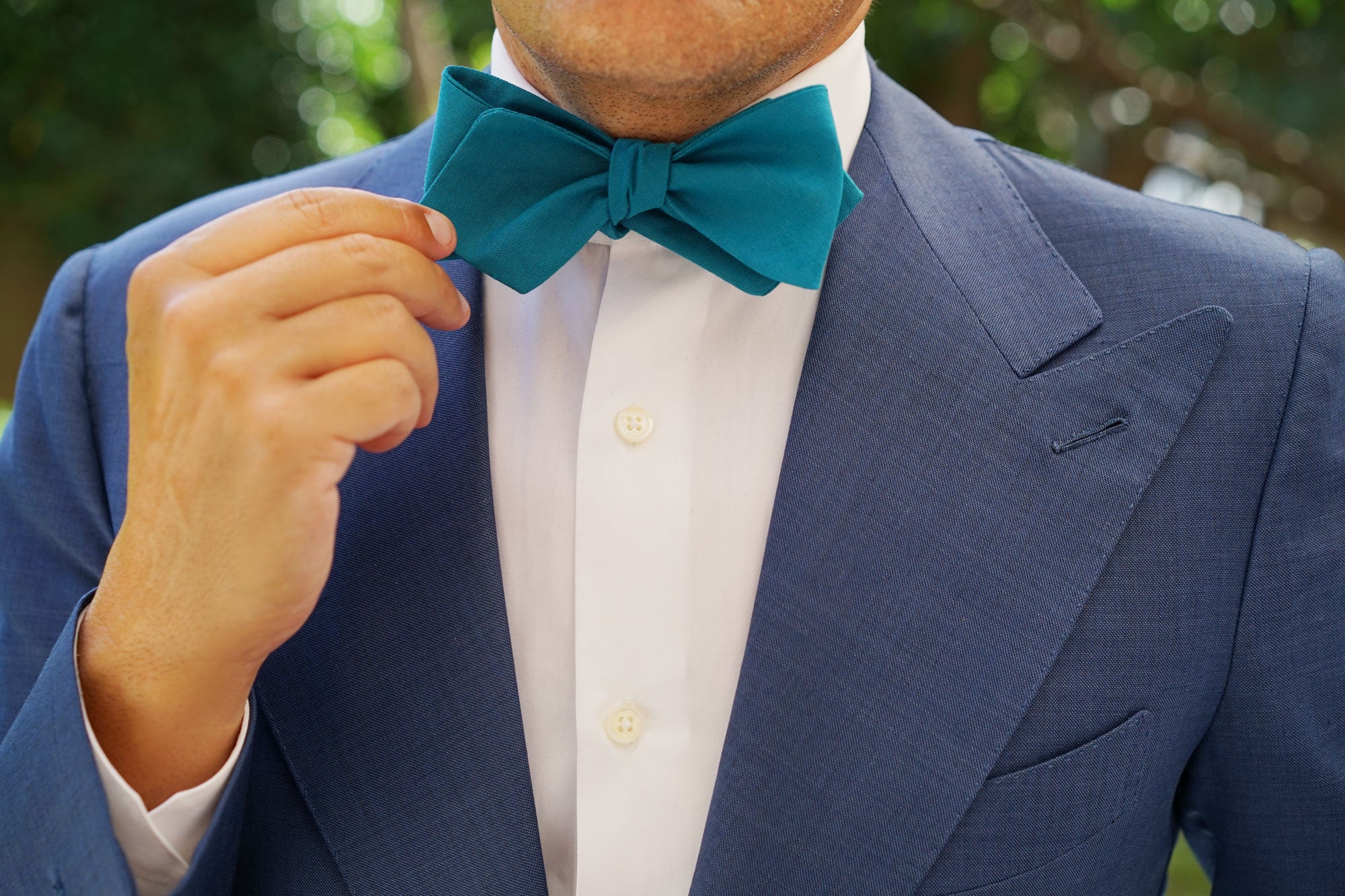 Teal Slub Linen Self Tie Diamond Tip Bow Tie