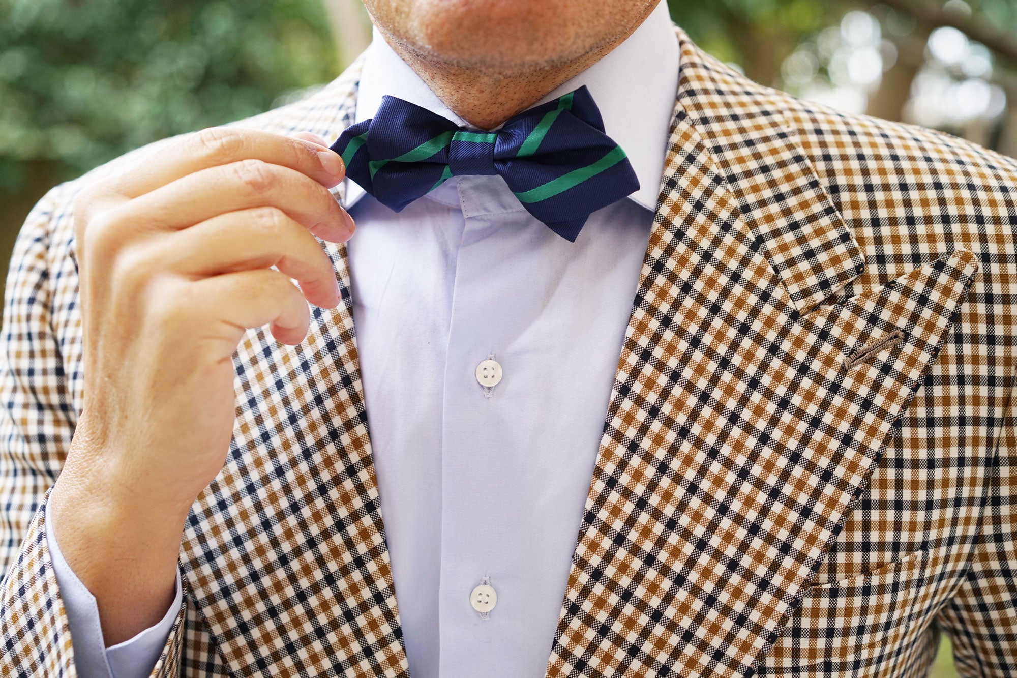 Navy Blue with Green Stripe Diamond Bow Tie