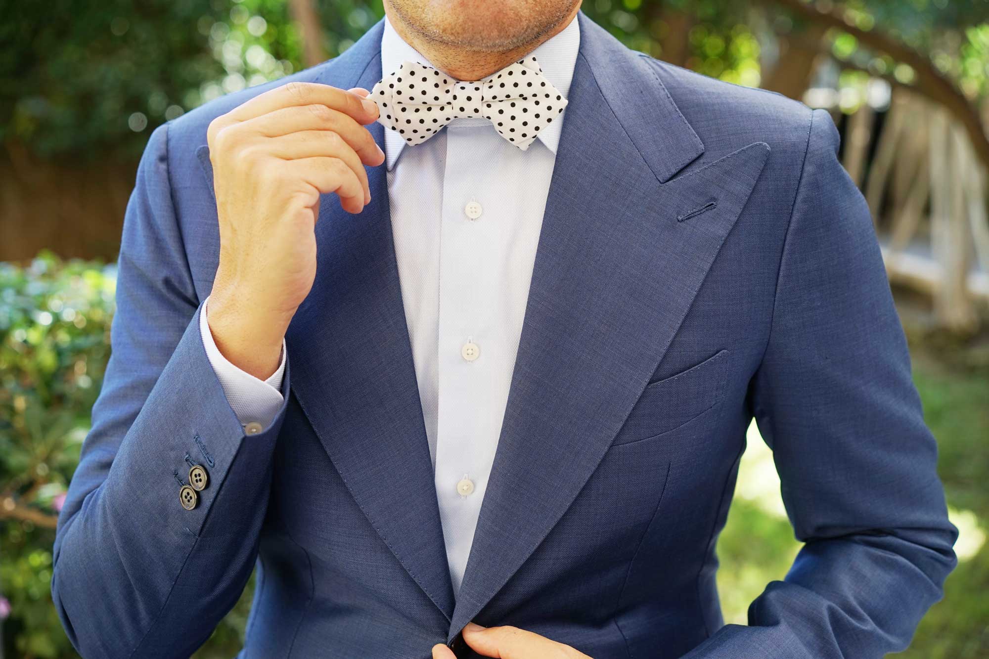 White with Black Polkadot Cotton Diamond Bow Tie