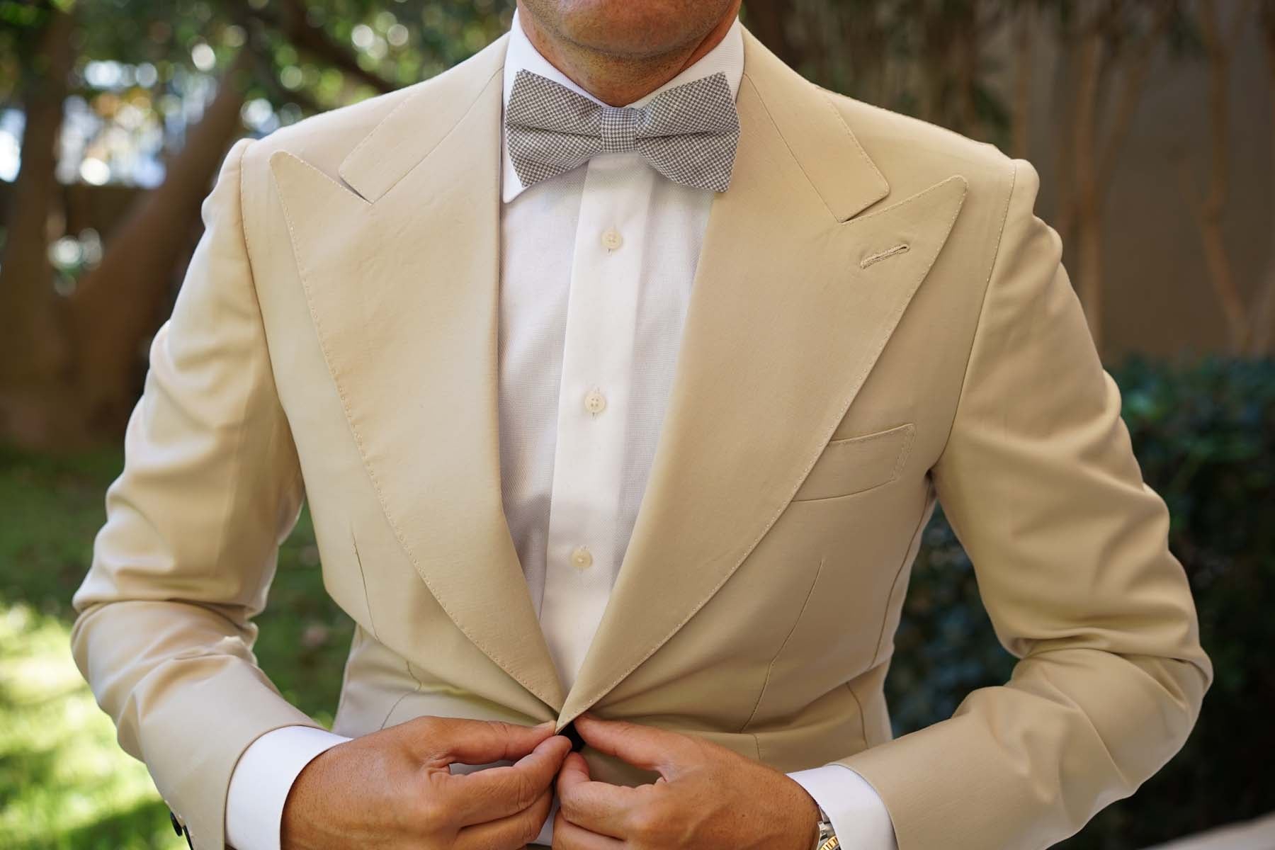 Light Grey Houndstooth Linen Bow Tie