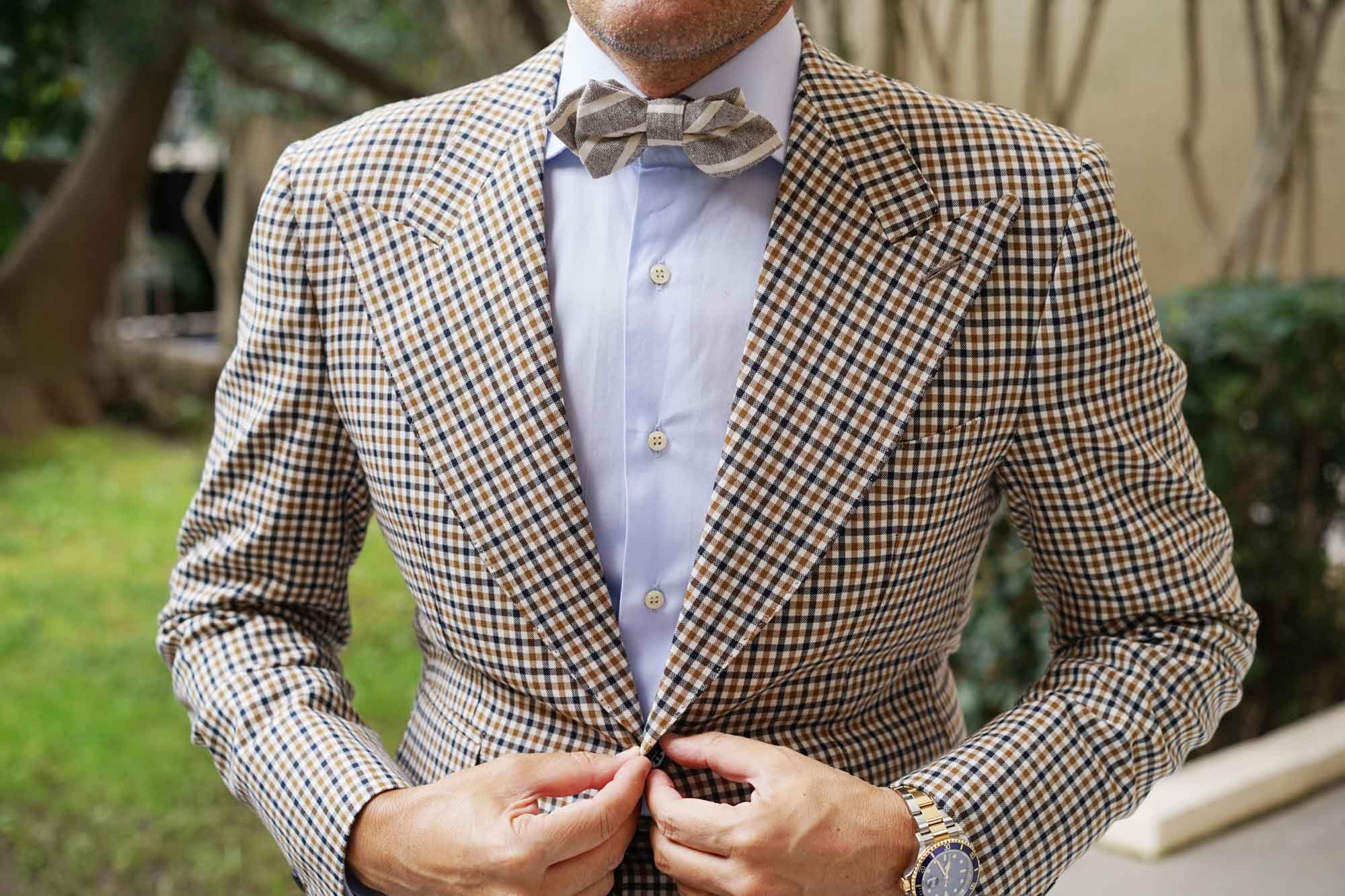 Mersin Brown Stripe Chalk Linen Diamond Bow Tie