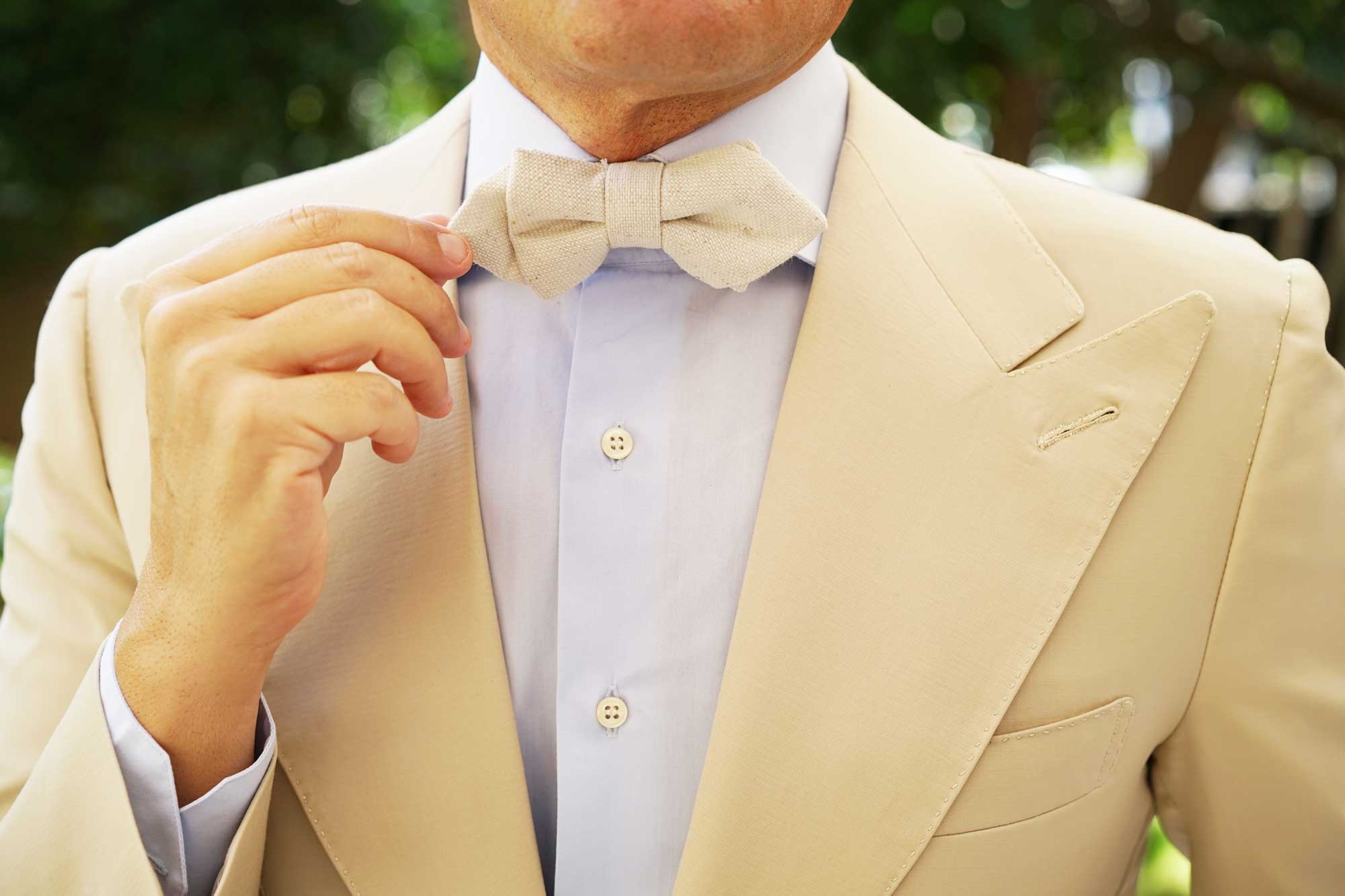 Dry Khaki White Linen Diamond Bow Tie