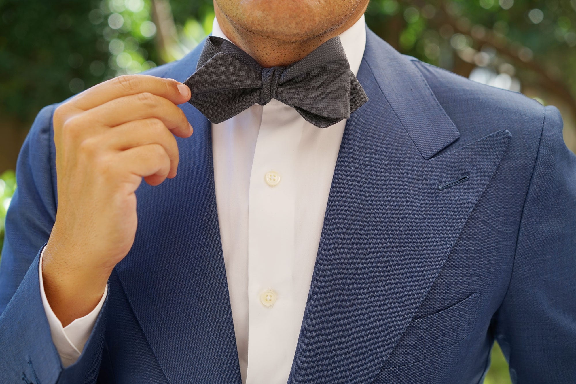 Charcoal Grey Slub Linen Self Tie Diamond Tip Bow Tie