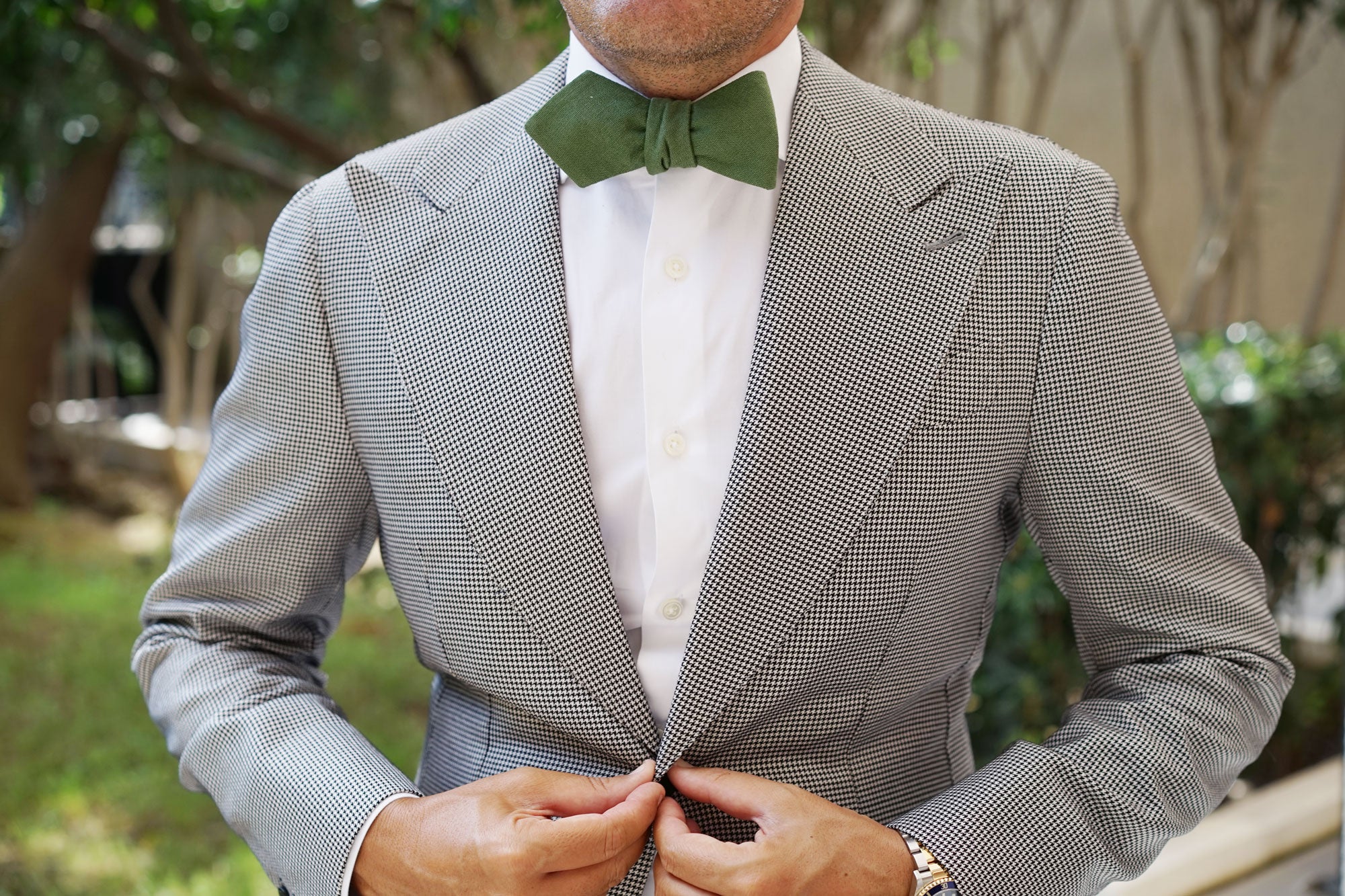 Hunter Green Slub Linen Diamond Self Bow Tie