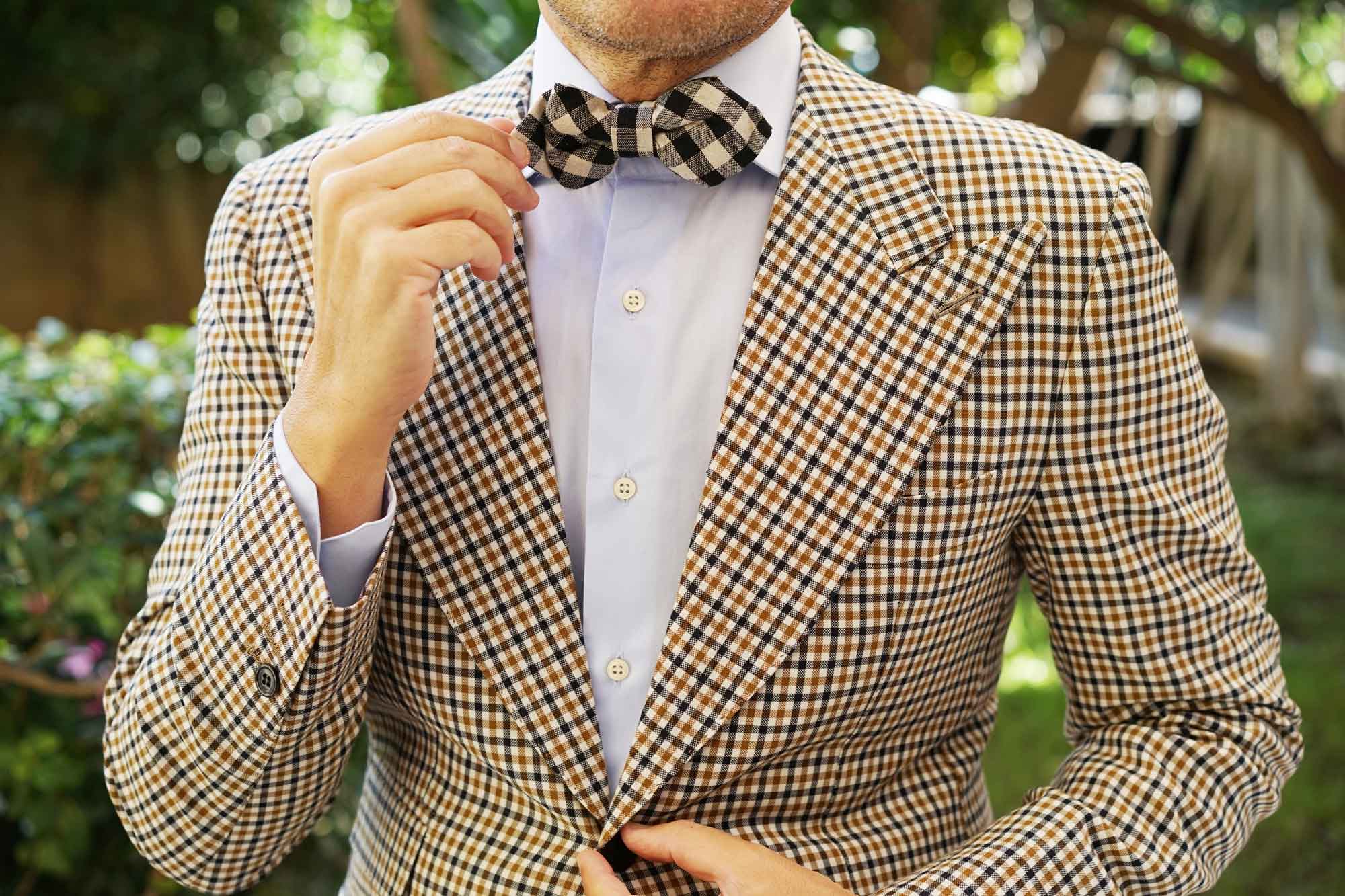 Khaki & Black Gingham Linen Diamond Bow Tie